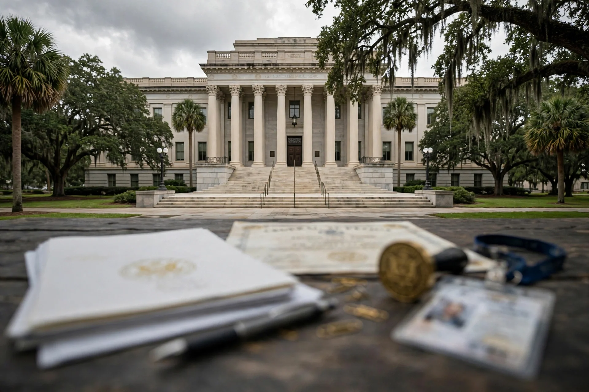 Exterior de un juzgado federal en Florida con documentos, un certificado y una placa desenfocados en primer plano.
