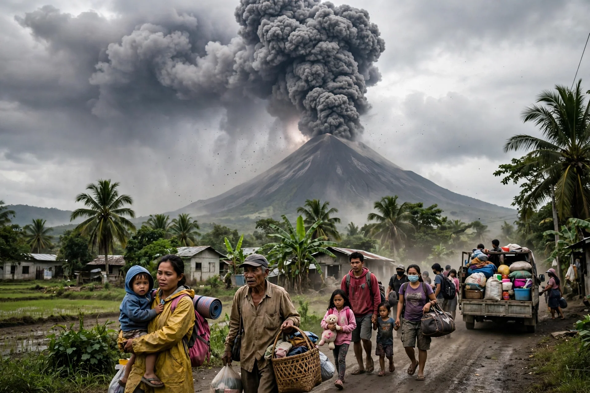 Volcán Mayón en erupción con una densa columna de ceniza mientras familias evacúan con sus pertenencias en Albay, Filipinas