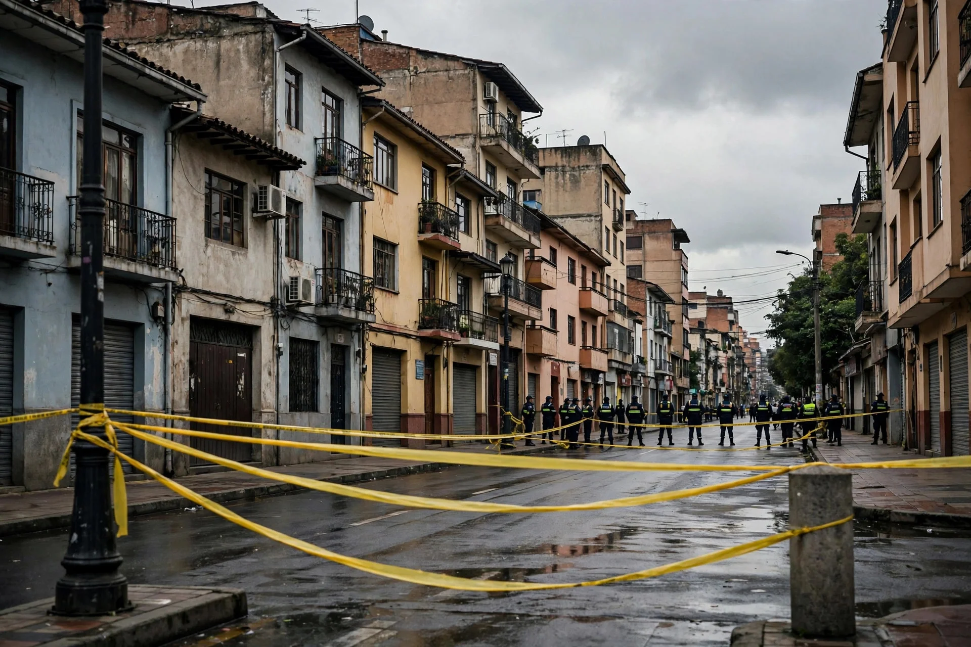 Calle urbana mojada acordonada con cintas amarillas de policía, con una fila de agentes al fondo entre edificios antiguos bajo un cielo nublado