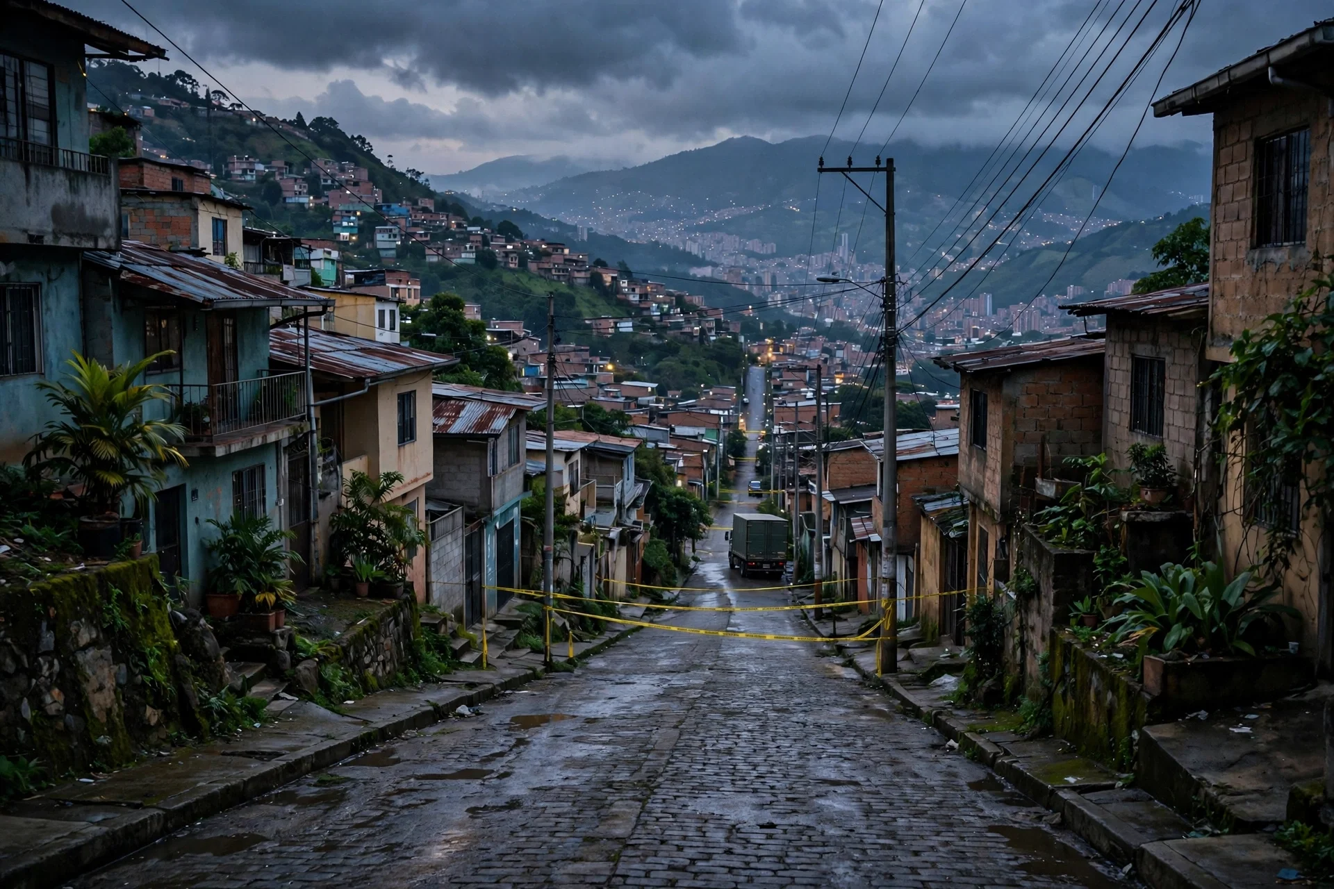 Ilustración editorial de una calle empinada de un barrio de ladera de Medellín al atardecer, con ambiente sombrío