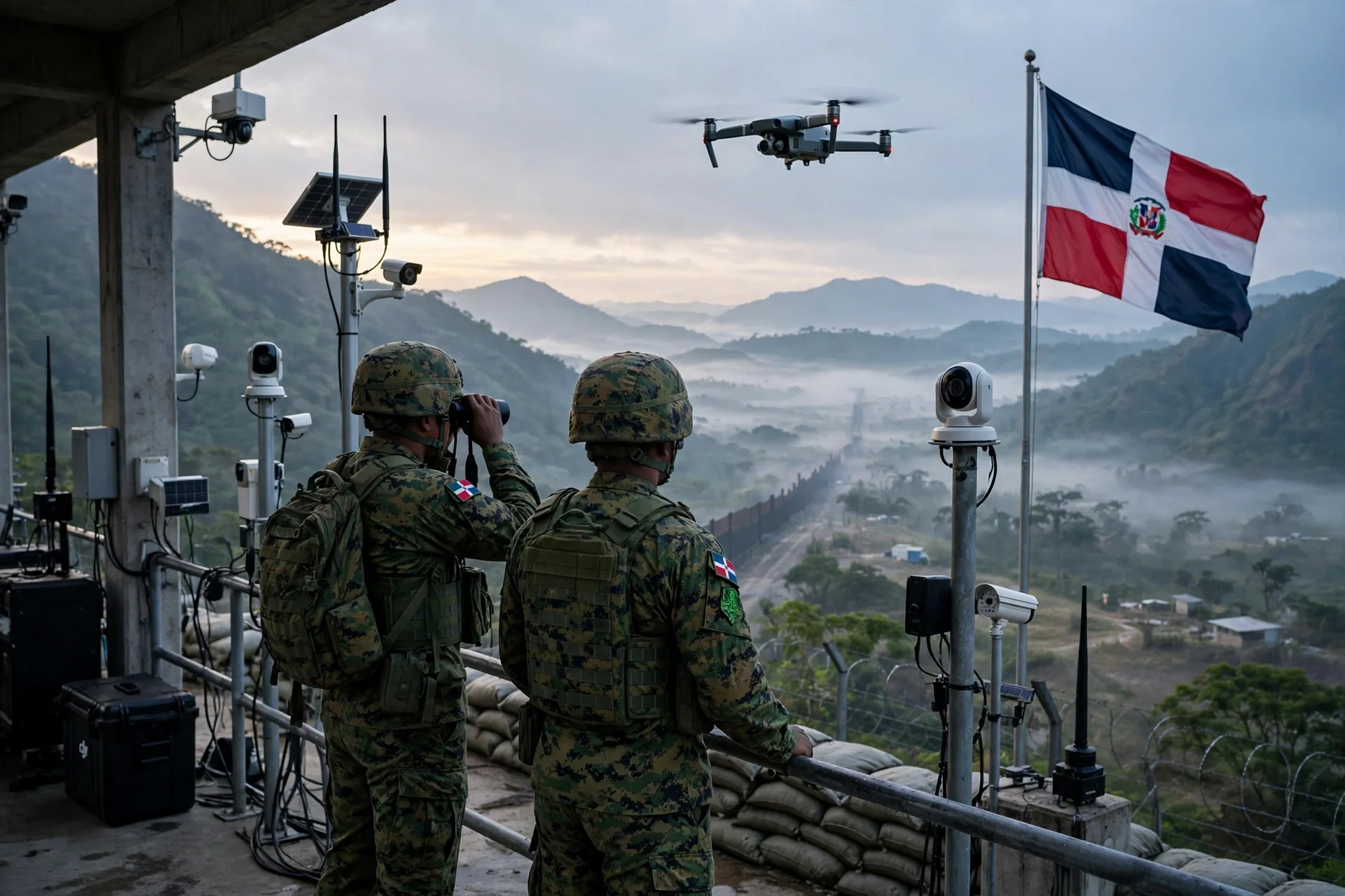 Soldados dominicanos de espaldas vigilando la línea fronteriza montañosa con cámaras inteligentes y un dron en el cielo