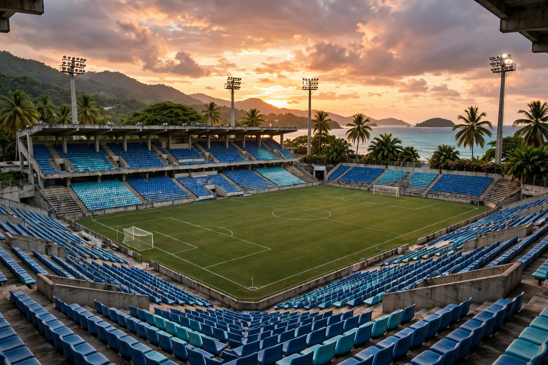 Estadio de fútbol caribeño vacío al atardecer, con gradas azules, palmeras y el mar al fondo