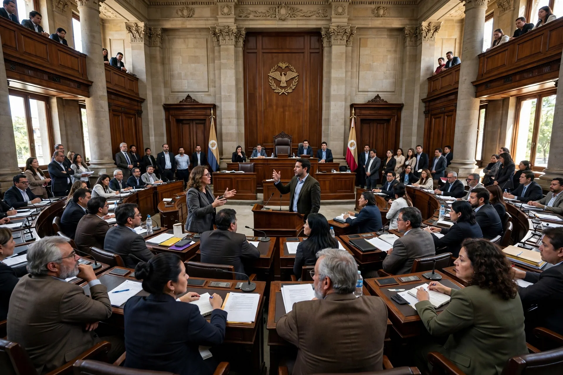 Cámara legislativa en sesión con congresistas debatiendo en el hemiciclo.