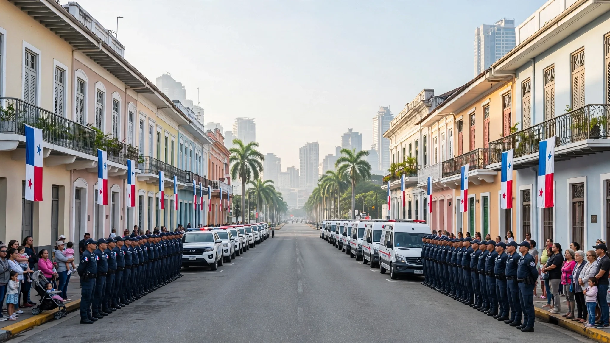 Agentes uniformados en formación y ambulancias alineadas en una avenida con banderas de Panamá durante las Fiestas Patrias