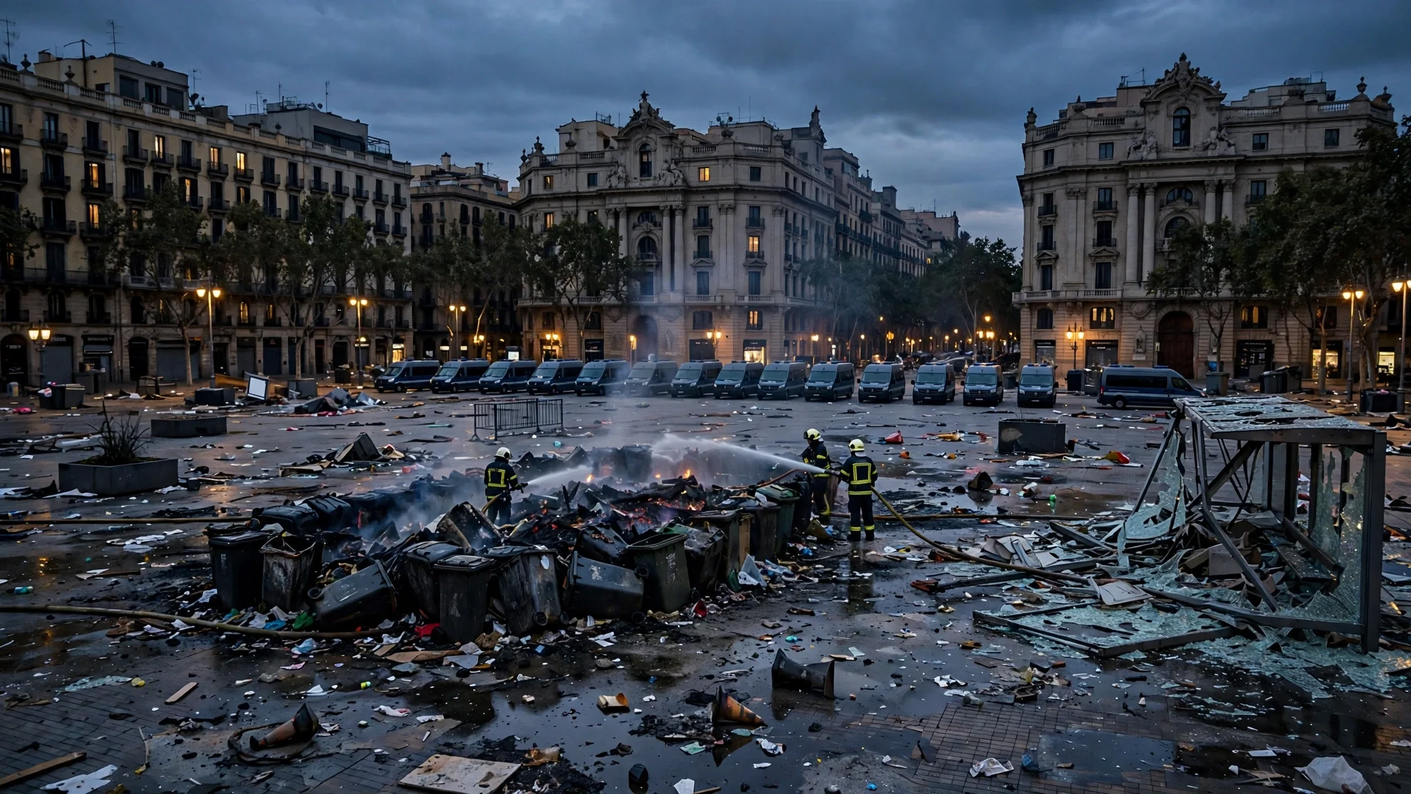 Plaza de Barcelona al anochecer con furgones policiales, bomberos apagando una barricada y mobiliario urbano dañado