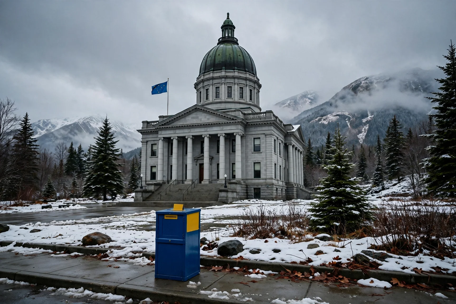 Capitolio con cúpula entre montañas nevadas de Alaska y una urna electoral azul en primer plano