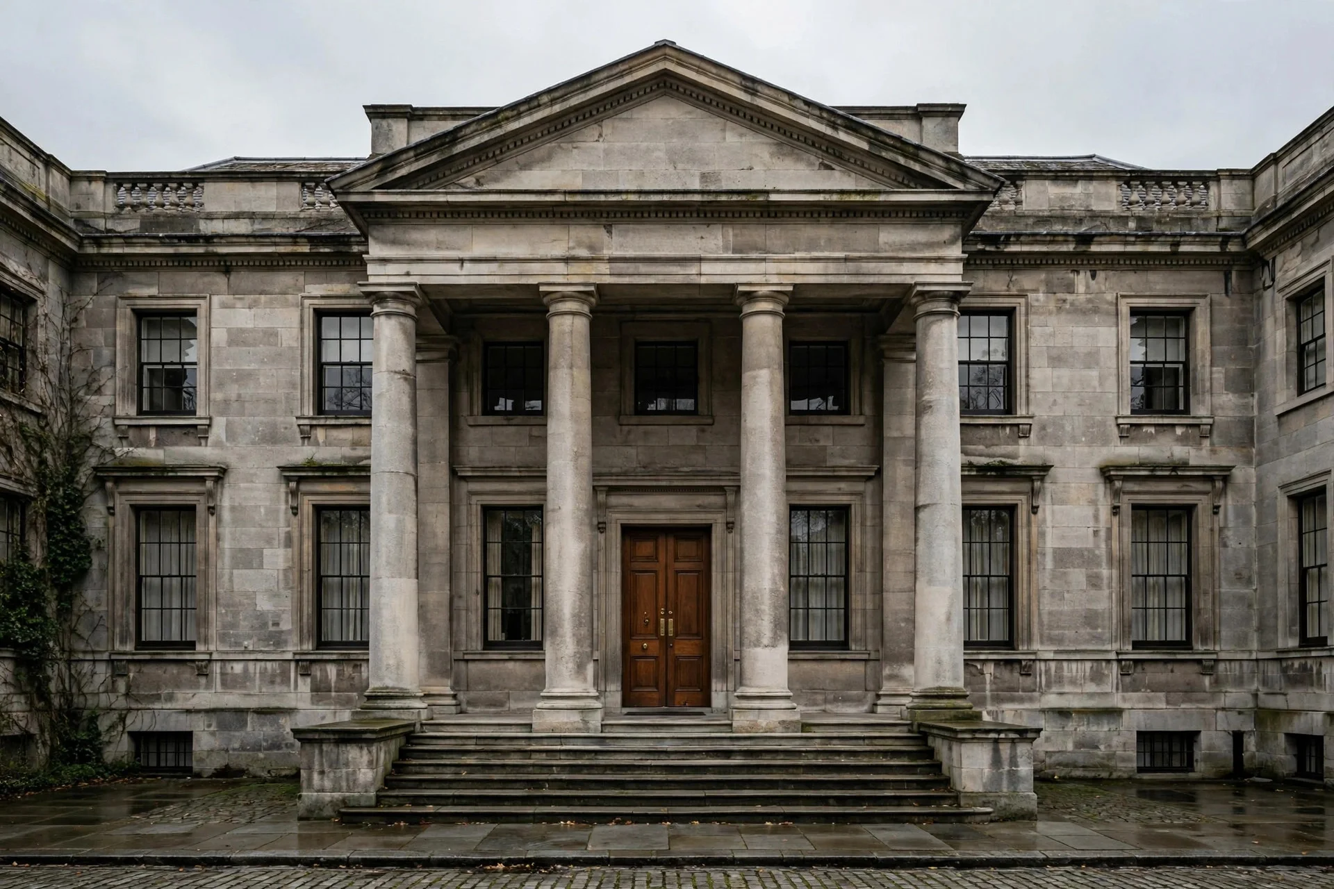 Fachada clásica de piedra de un tribunal británico con columnas y escalinata, sin personas, bajo un cielo gris