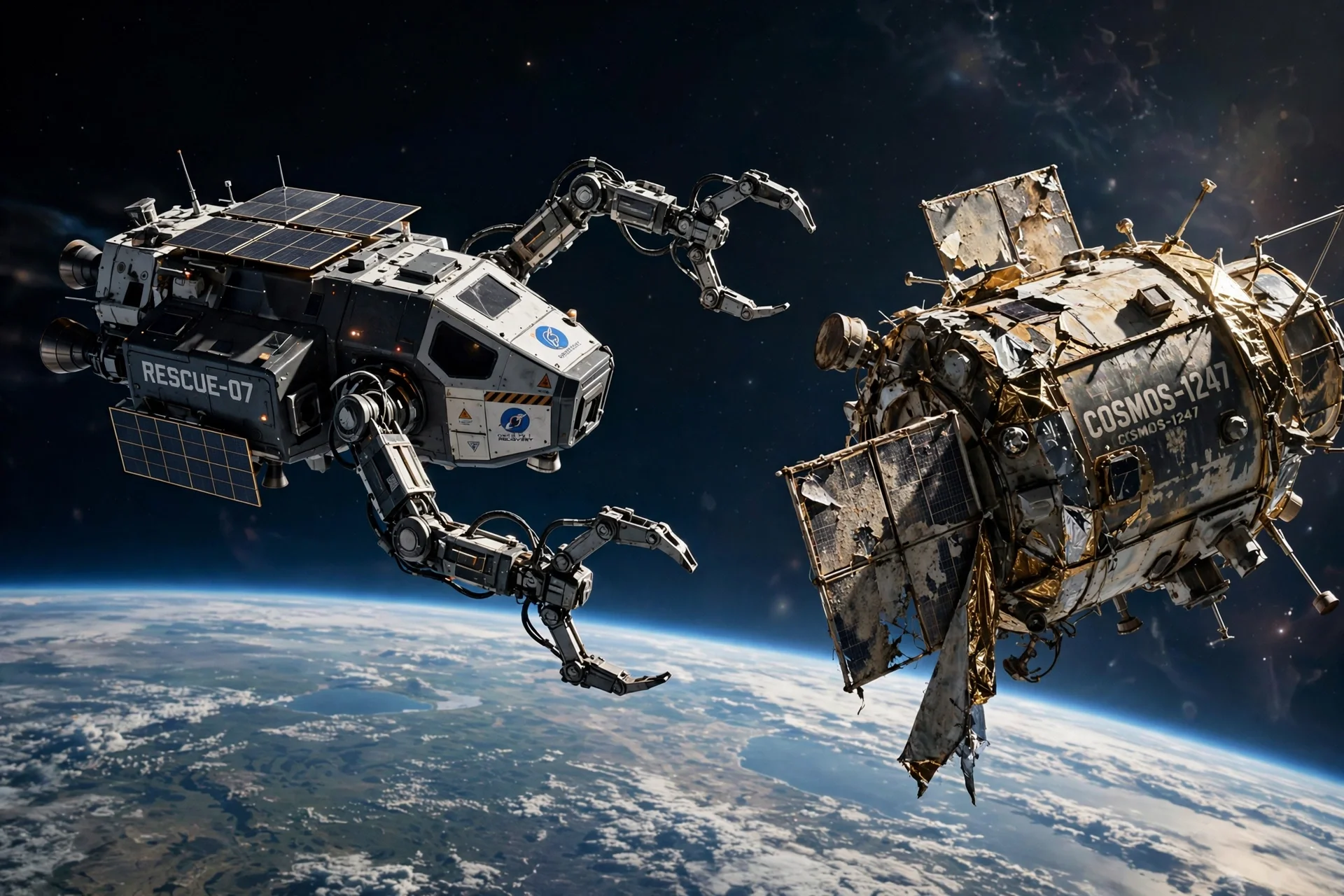 Nave espacial con garras robóticas acercándose a un satélite viejo y deteriorado en órbita sobre la Tierra