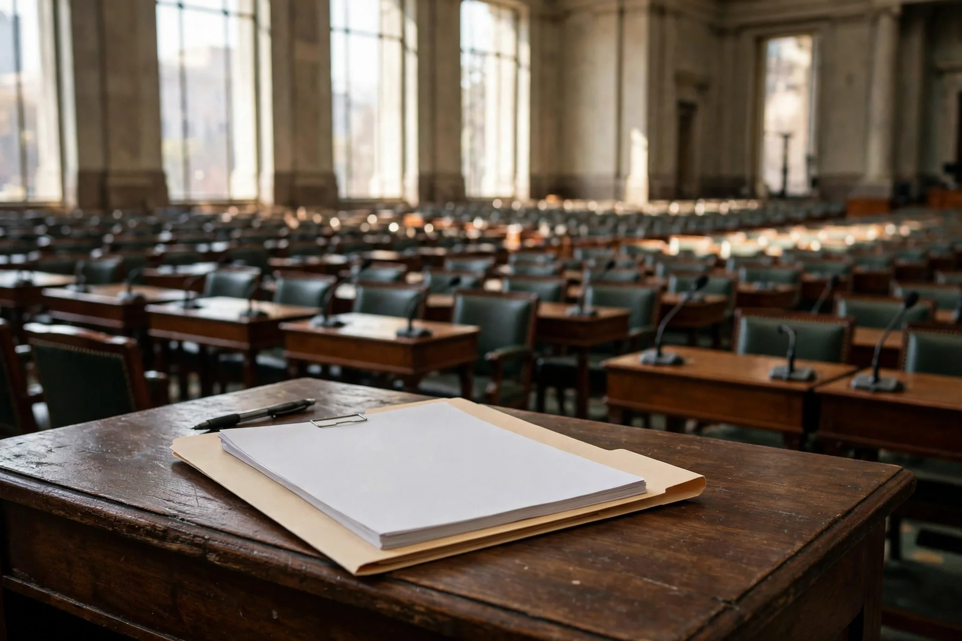 Sala de un congreso con curules vacías y una carpeta de proyecto de ley sobre un escritorio en primer plano