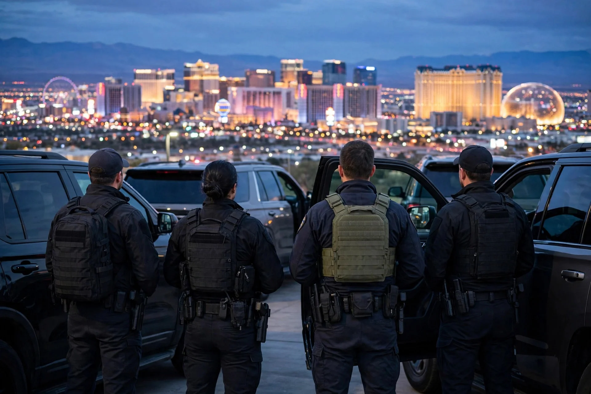 Agentes federales de espaldas junto a vehículos oficiales contemplando el horizonte urbano de Las Vegas al anochecer