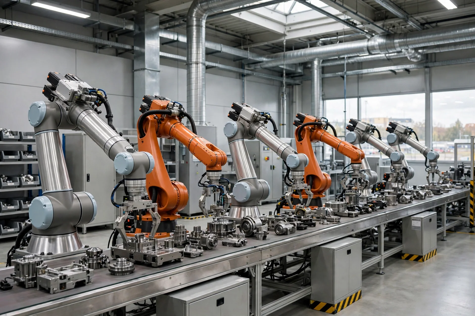 Brazos robóticos industriales trabajando en una línea de montaje de una fábrica moderna