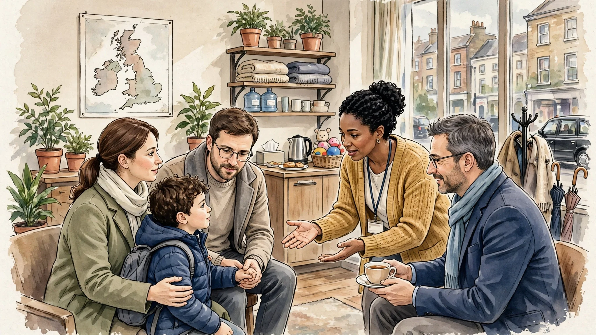 Ilustración de una familia recibiendo apoyo de un equipo especializado en un centro cálido en el Reino Unido