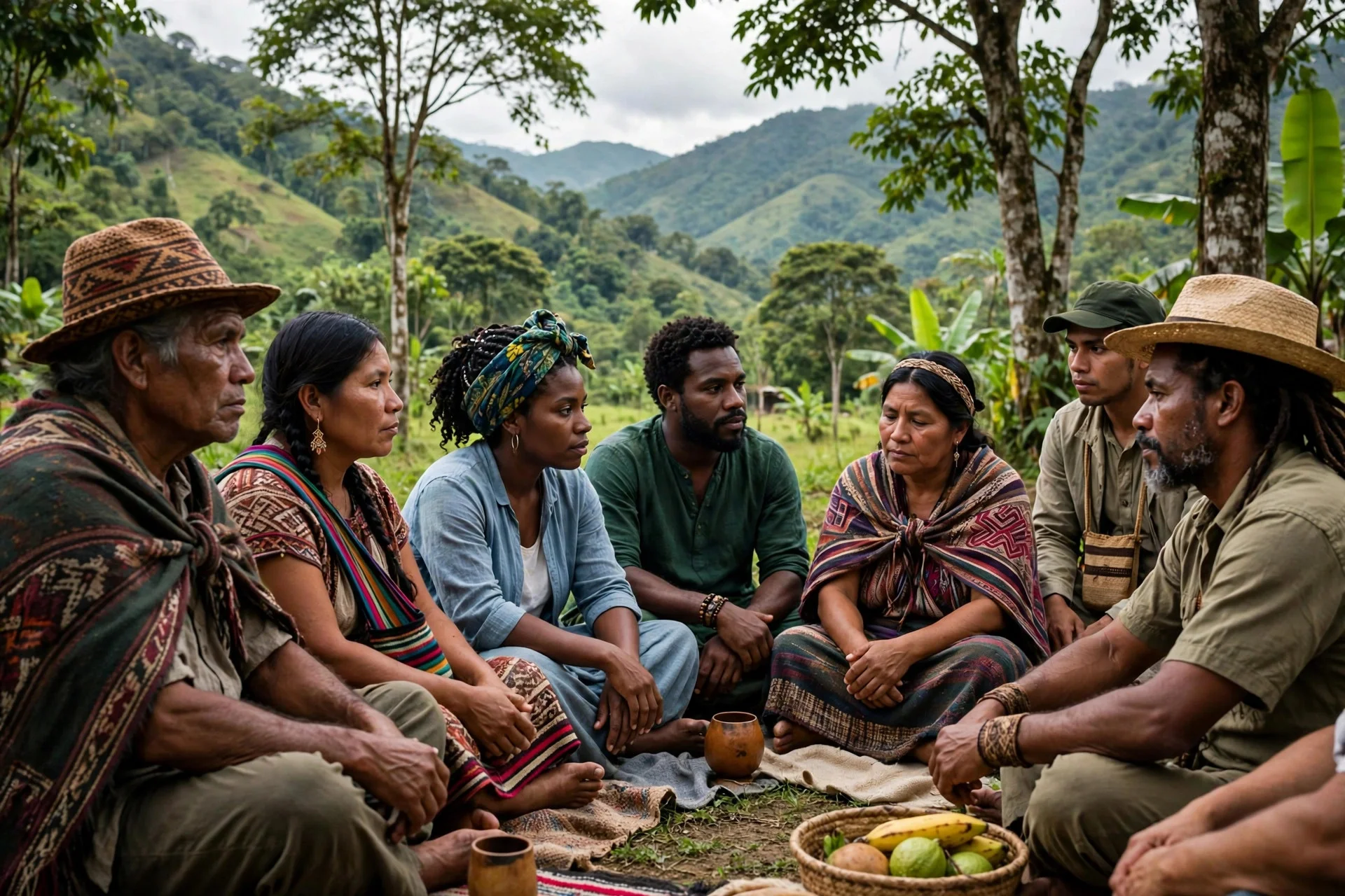 Comunidades indígenas y afrocolombianas reunidas en asamblea territorial al aire libre en una zona rural de Colombia