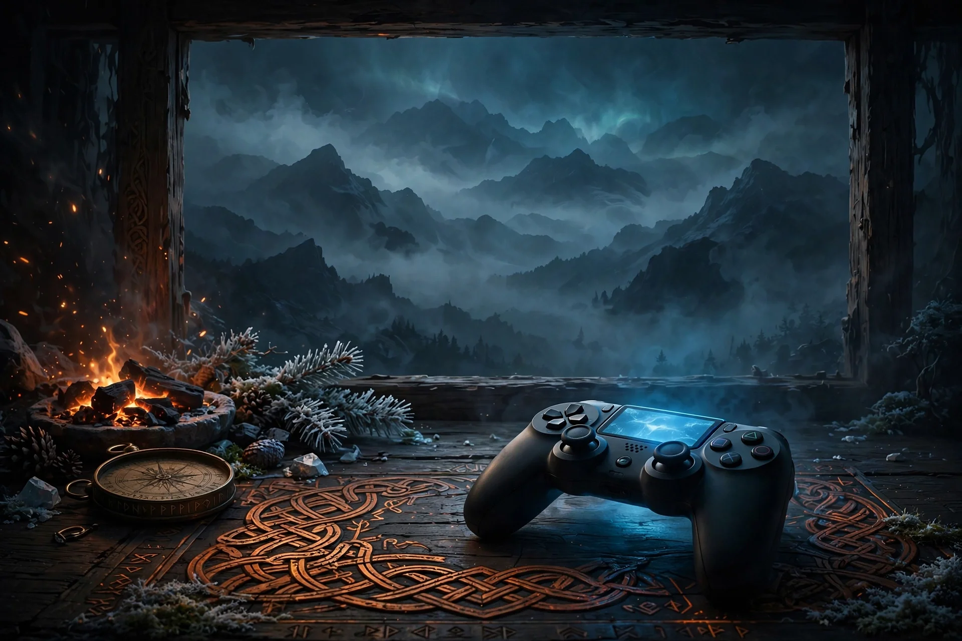 Ilustración editorial de ambiente nórdico nocturno: un mando de videojuegos sobre una mesa de madera tallada con nudos celtas, brasero encendido, compás antiguo y montañas neblinosas al fondo bajo un cielo tormentoso