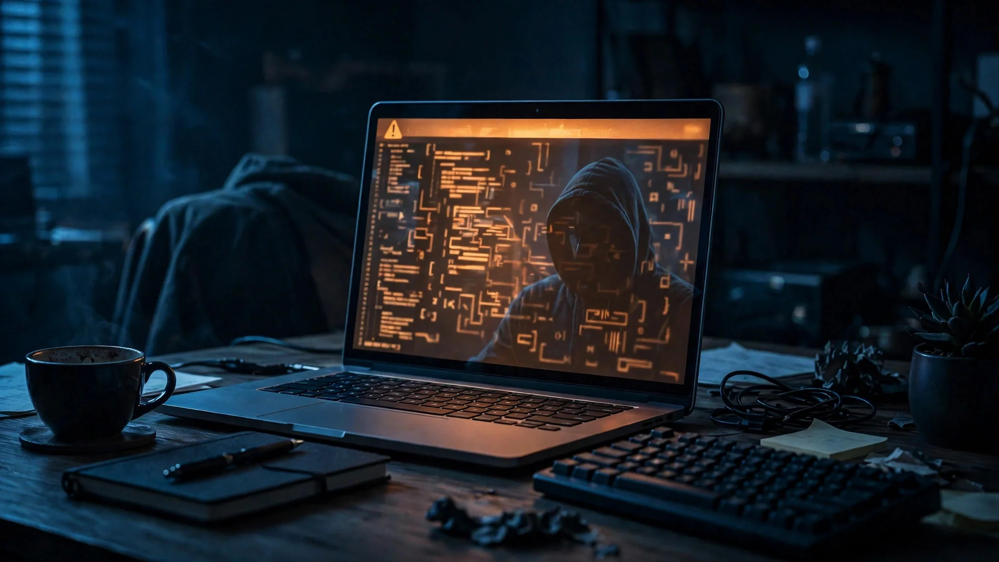 Escritorio oscuro de un programador con un portátil que muestra código abstracto y un resplandor de alerta en la pantalla