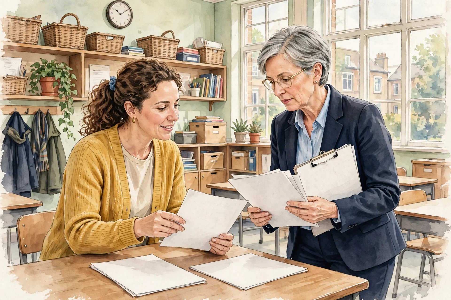 Ilustración de un aula británica con una inspectora revisando documentos junto a una profesora