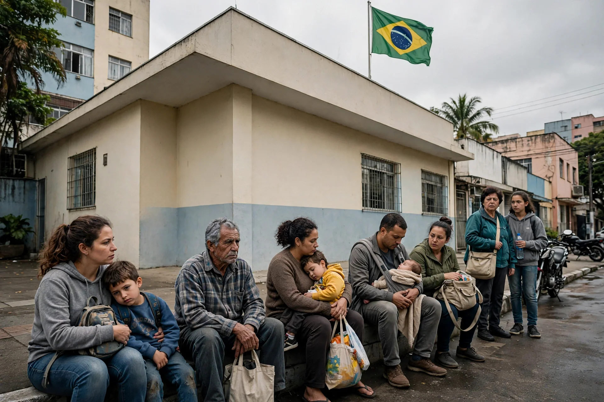Familias brasileñas esperan frente a una oficina pública de asistencia social en una ciudad de Brasil
