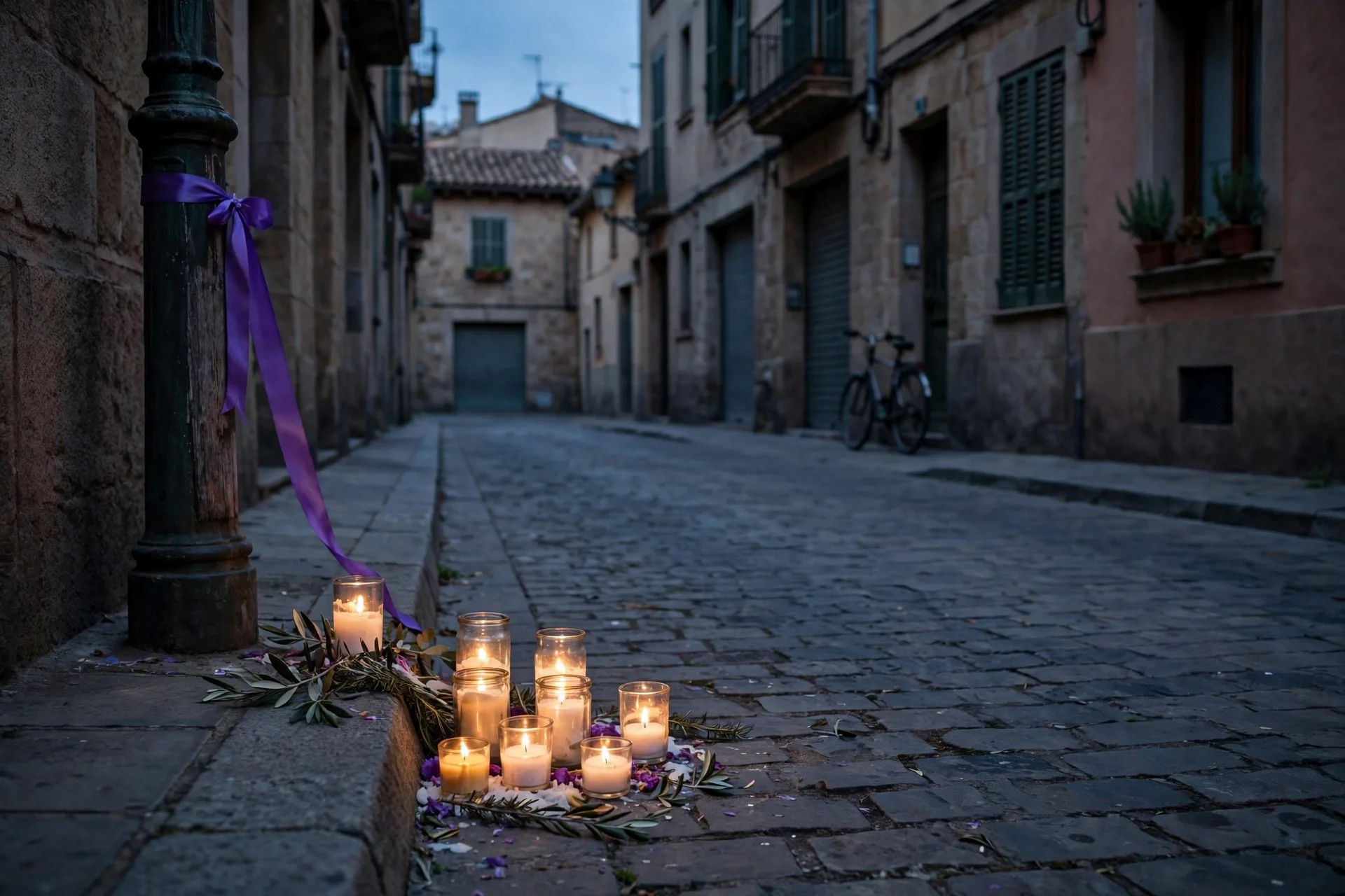 Velas encendidas y una cinta morada junto a una farola en una calle empedrada de un pueblo de la provincia de Barcelona al anochecer