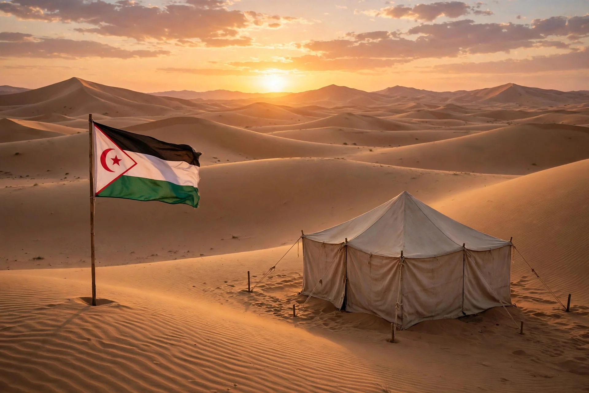Bandera saharaui ondeando junto a una tienda de campaña sobre dunas del desierto del Sáhara al atardecer