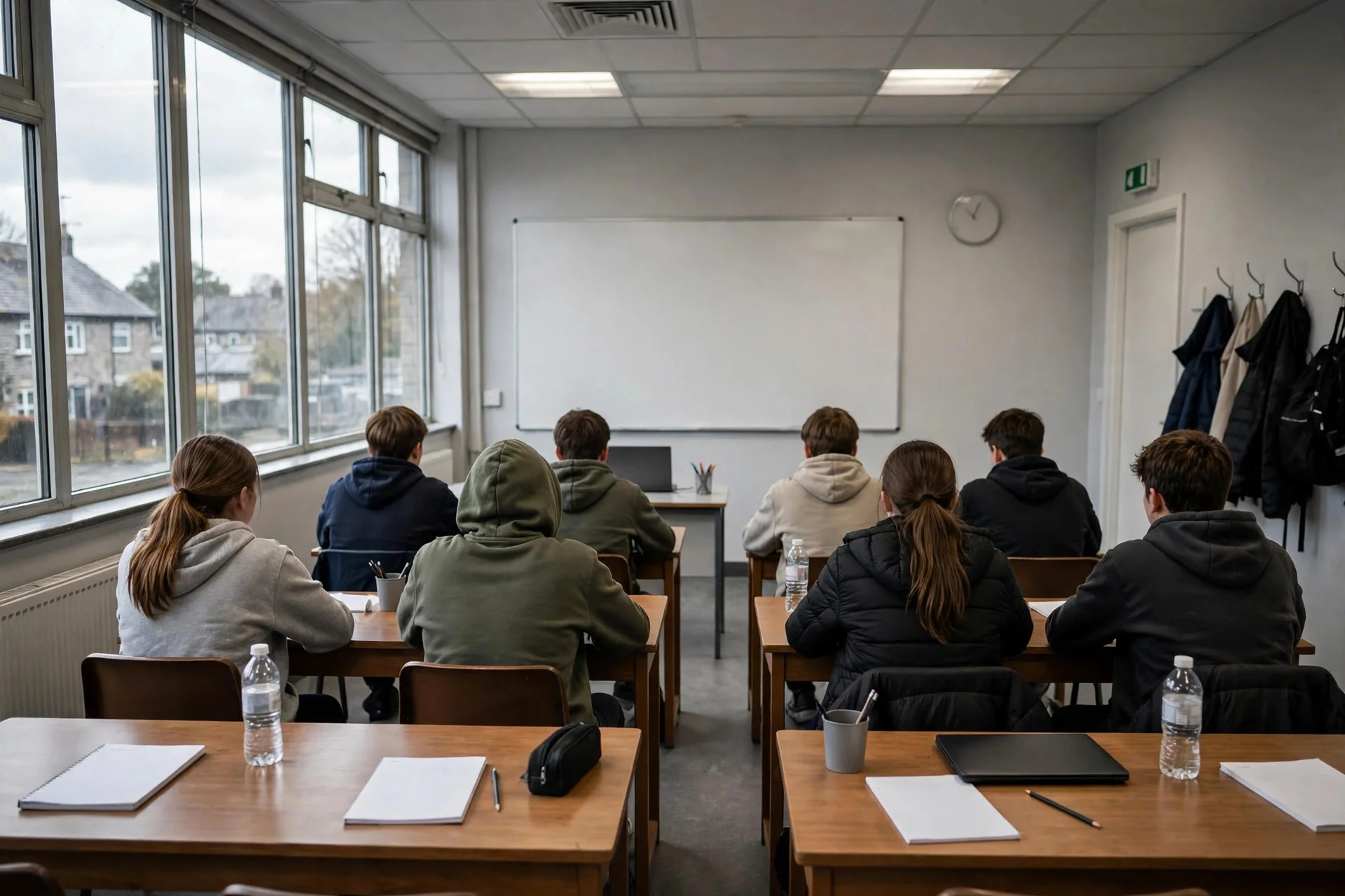 Aula luminosa vista desde atrás con jóvenes sentados en pupitres de madera frente a una pizarra blanca vacía junto a grandes ventanales
