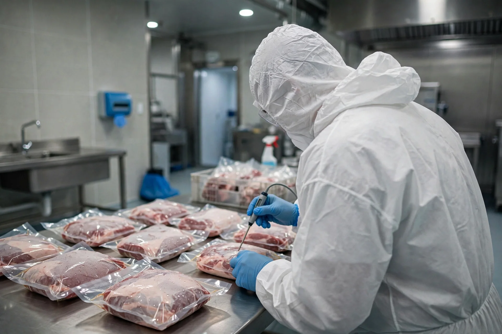 Inspector con traje de protección blanco y guantes azules examinando paquetes de carne envasada al vacío sobre una mesa de acero en una planta de procesamiento