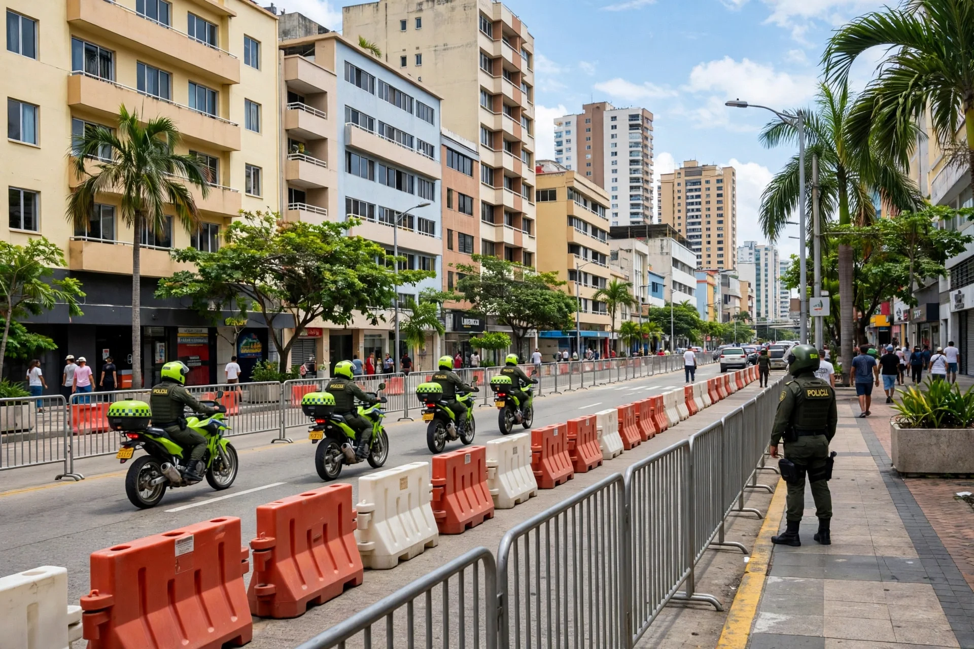 Policías en motocicletas patrullan una calle céntrica de Barranquilla con barreras de control
