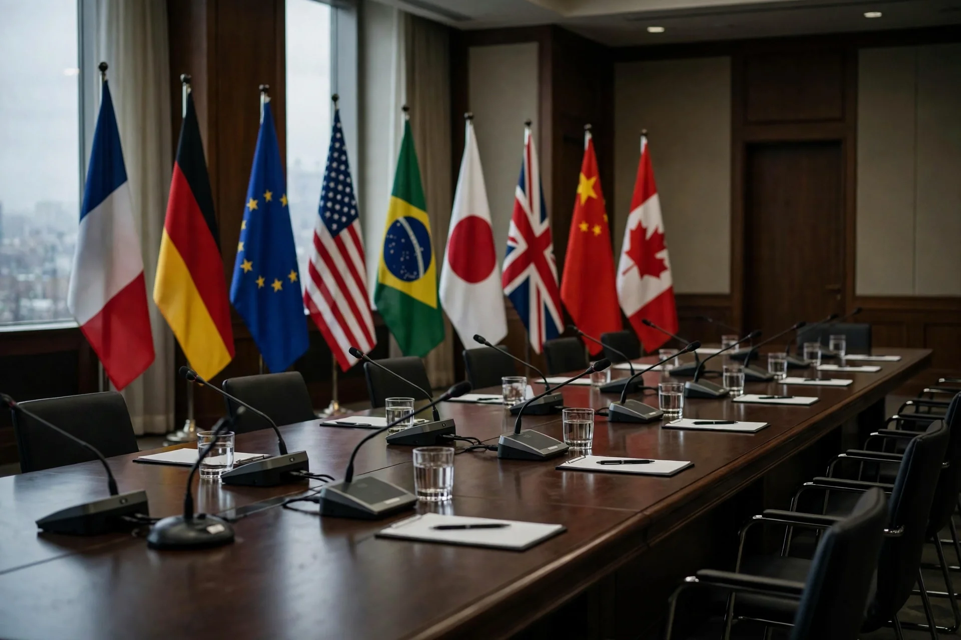 Sala de conferencias diplomática con banderas de varios países y micrófonos sobre una mesa larga, imagen alusiva a una declaración conjunta internacional.