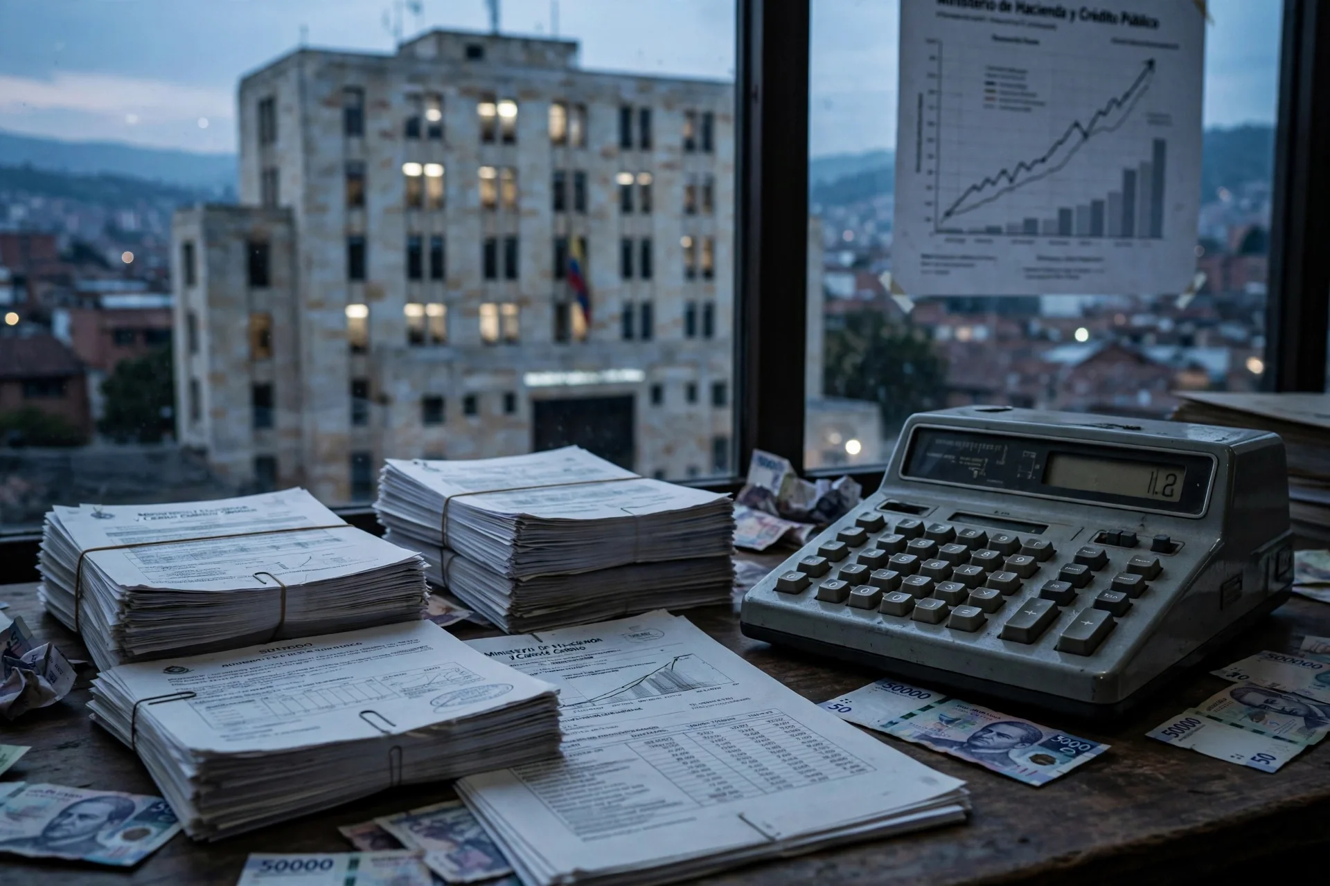 Escritorio con pilas de documentos presupuestales, una calculadora y billetes de pesos frente a la ventana de un edificio de Hacienda en Bogotá al anochecer, con una gráfica de deuda al alza