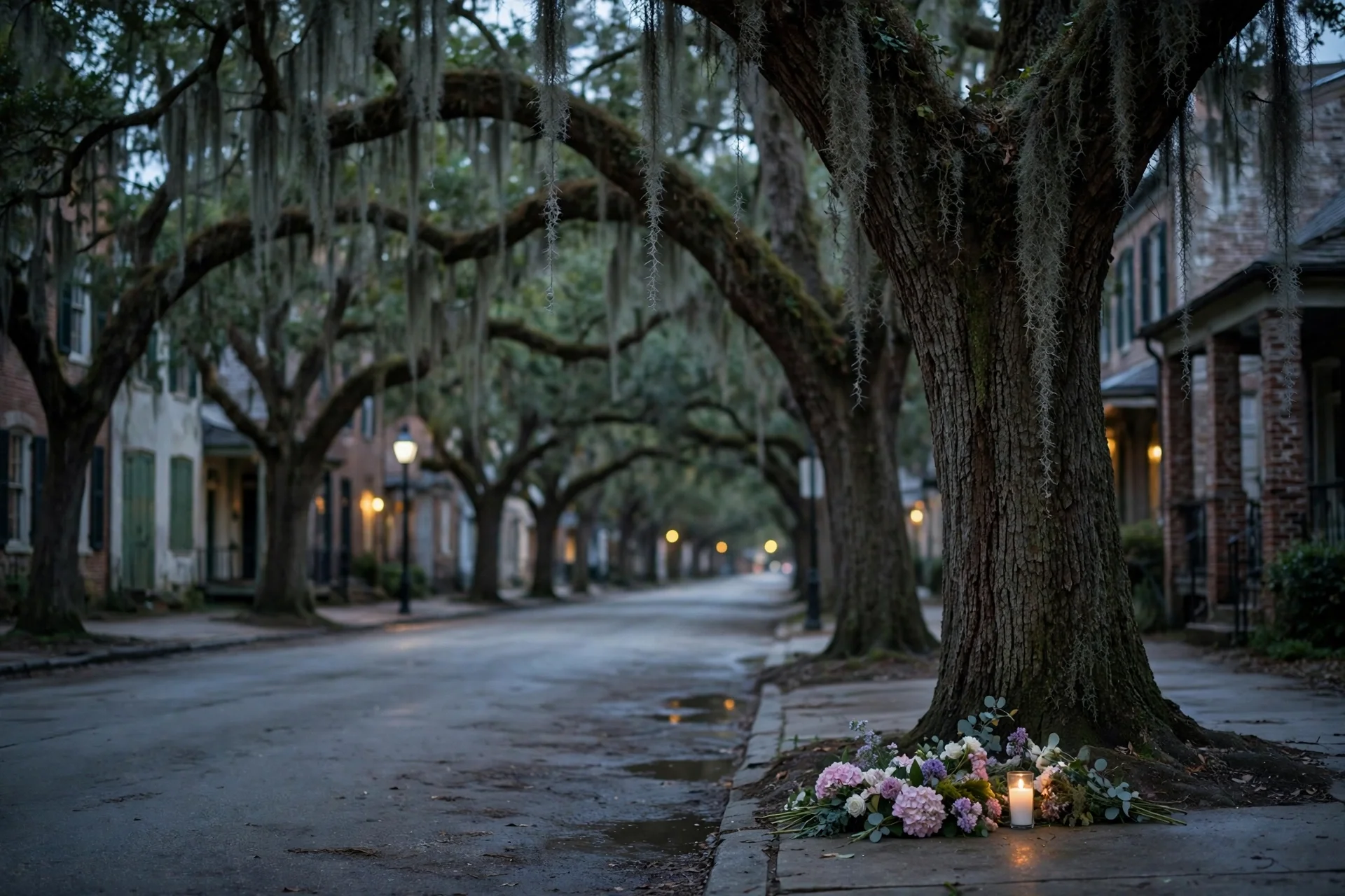 Calle tranquila de Savannah, Georgia, al anochecer con robles con musgo español y un pequeño memorial de flores en la acera
