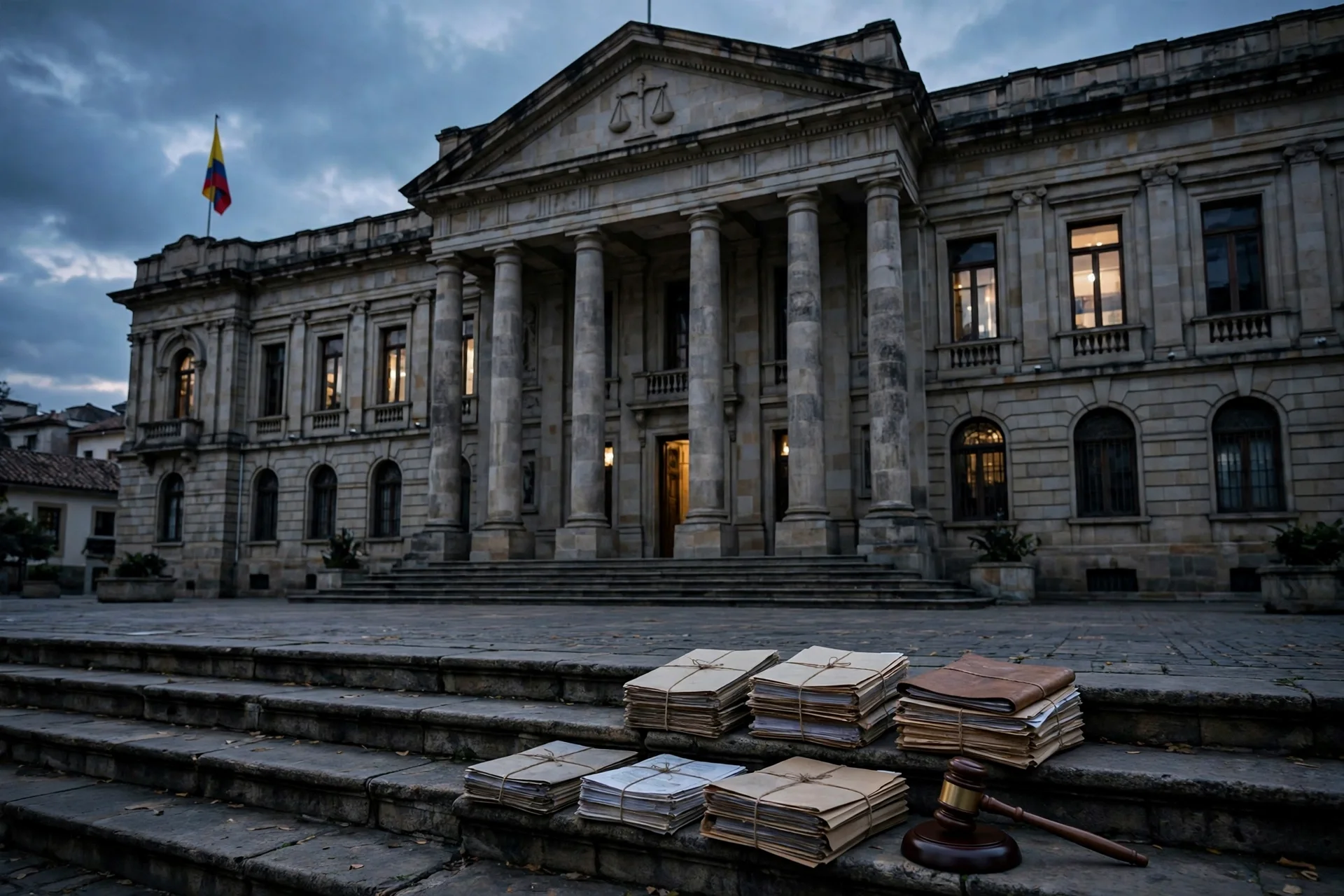 Fachada de un palacio de justicia al atardecer con un mazo y expedientes en la escalinata