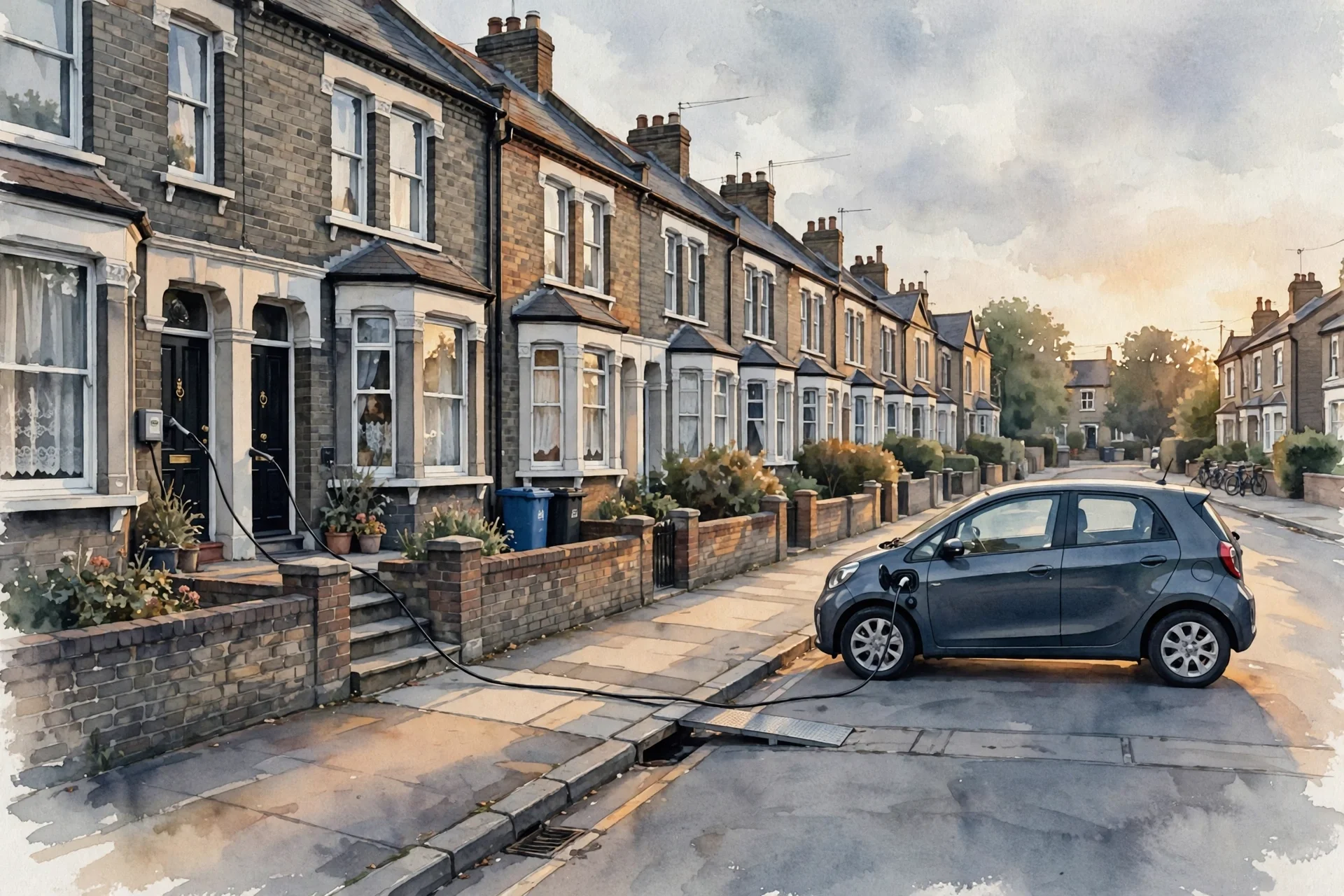 Ilustración editorial en acuarela de un coche eléctrico cargando en una calle residencial británica, con el cable cruzando bajo la acera desde una casa adosada