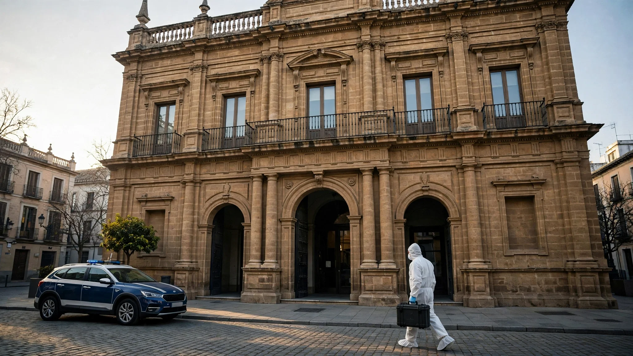 Fachada histórica de un juzgado de Sevilla con un técnico forense de traje blanco con maletín de pruebas y un coche policial en la calle empedrada