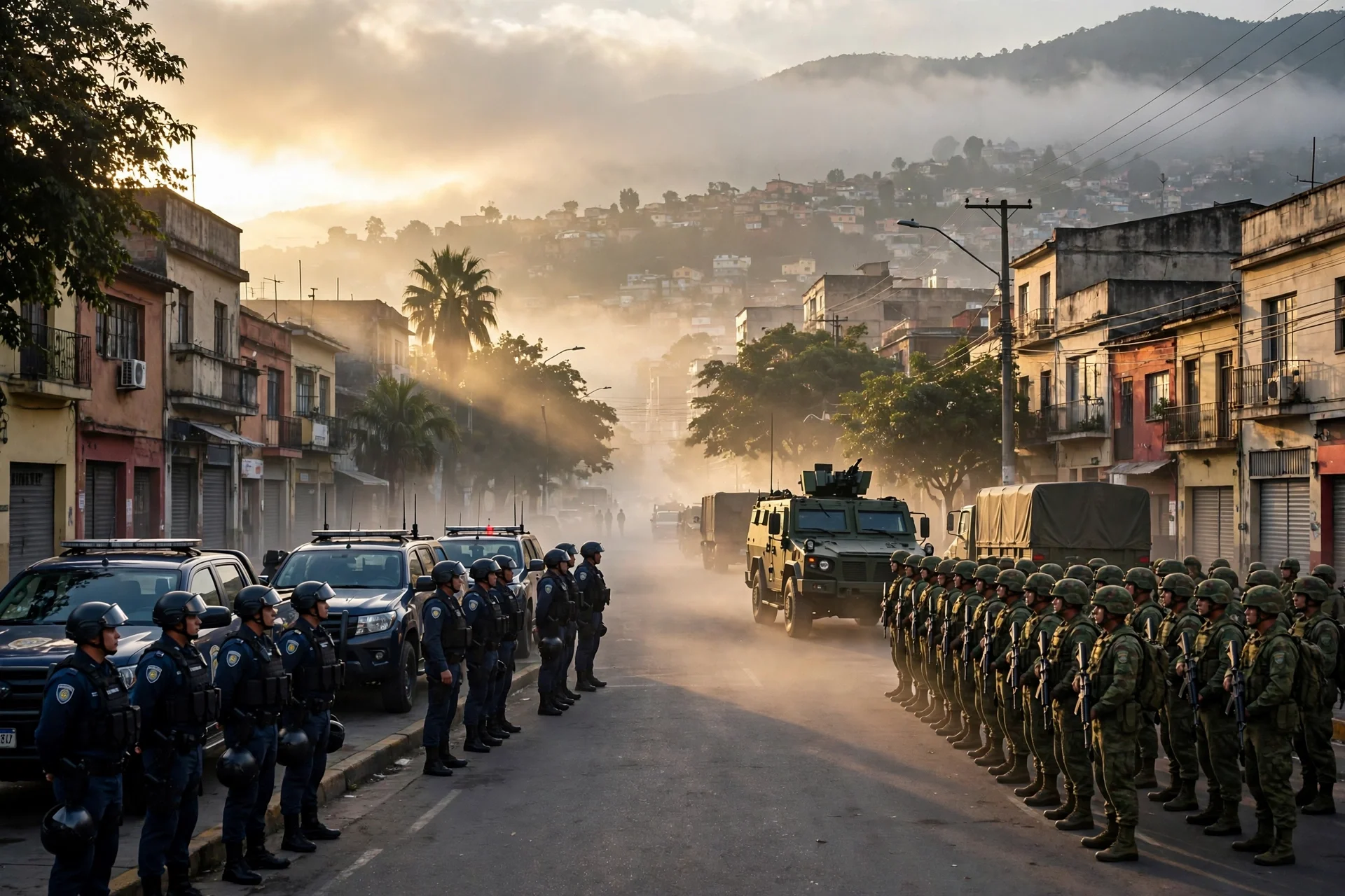 Security forces and patrol vehicles on a city street at dawn during an operation