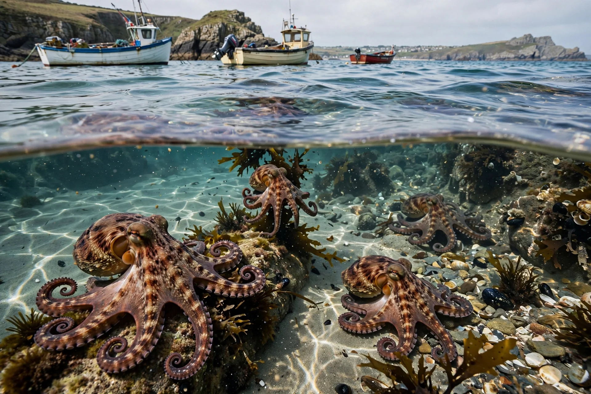 Pulpos sobre el fondo marino frente a la costa suroeste de Inglaterra, con barcos pesqueros británicos en la superficie