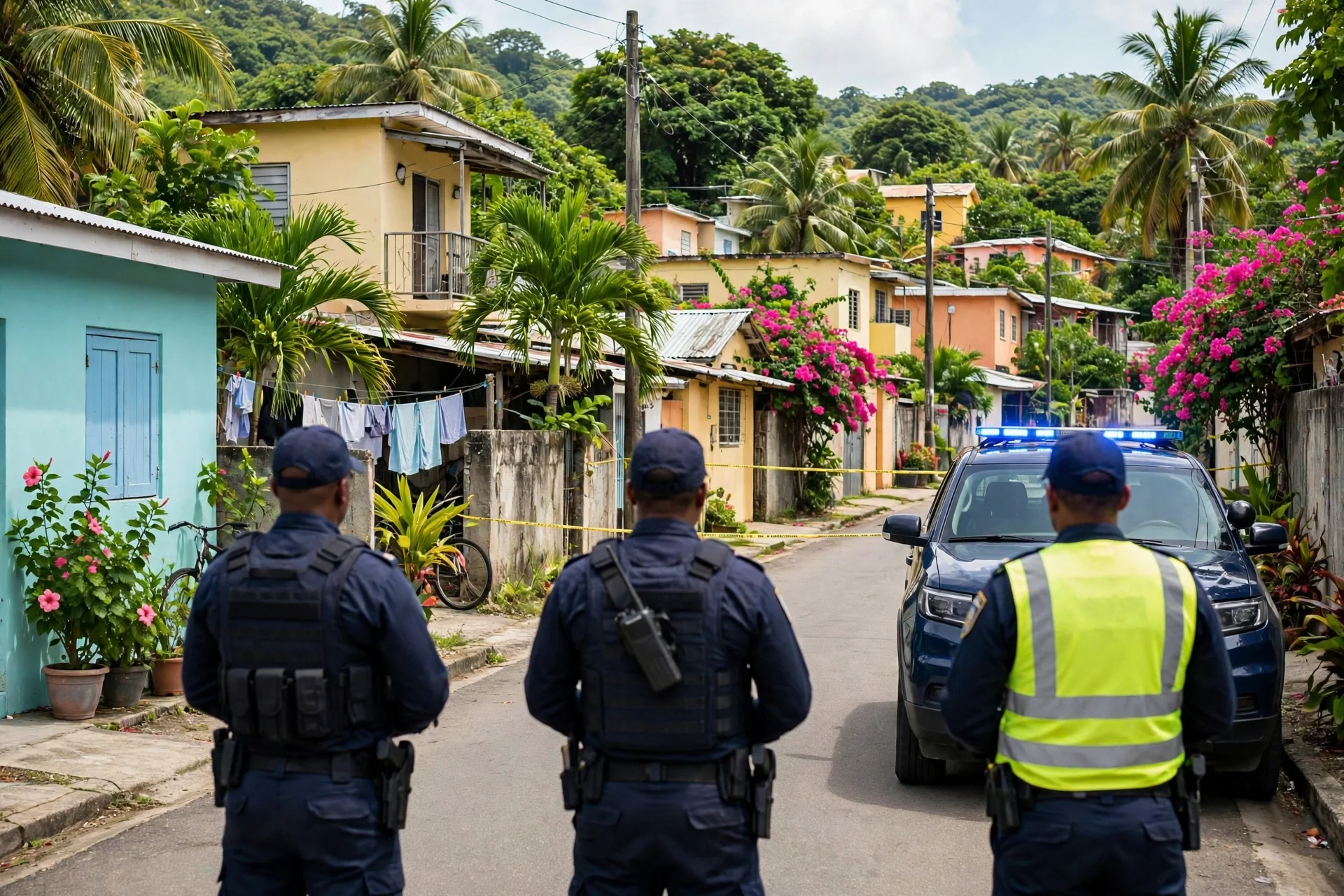 Agentes policiales de espaldas junto a una patrulla en una calle residencial caribeña acordonada