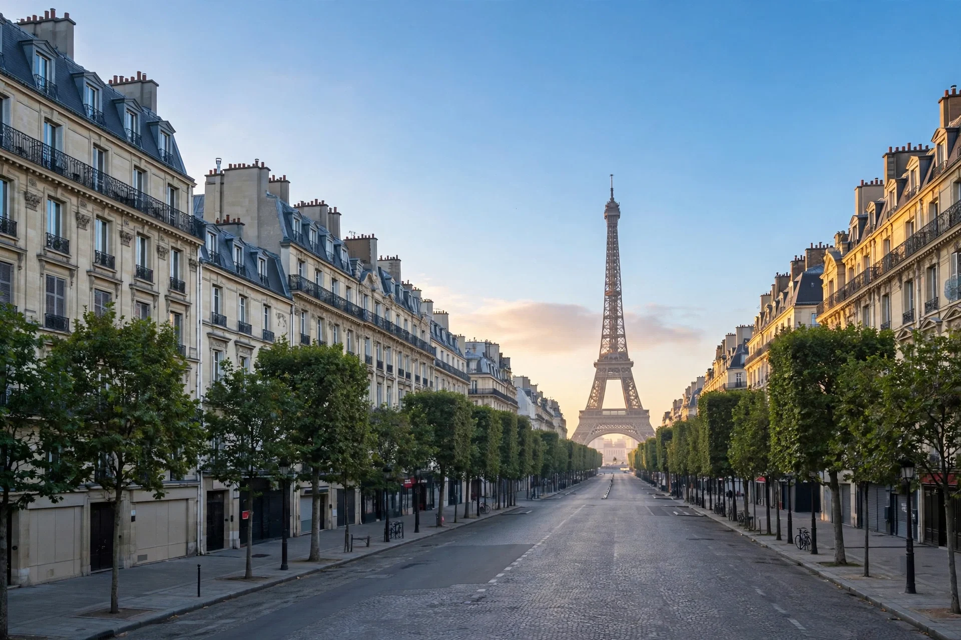 Avenida parisina arbolada al amanecer con la Torre Eiffel al fondo y edificios haussmannianos a ambos lados
