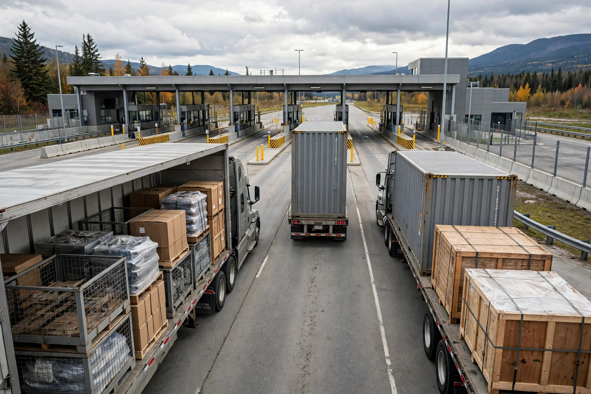 Cruce fronterizo comercial entre Estados Unidos y Canadá con camiones de carga y productos manufacturados en tránsito