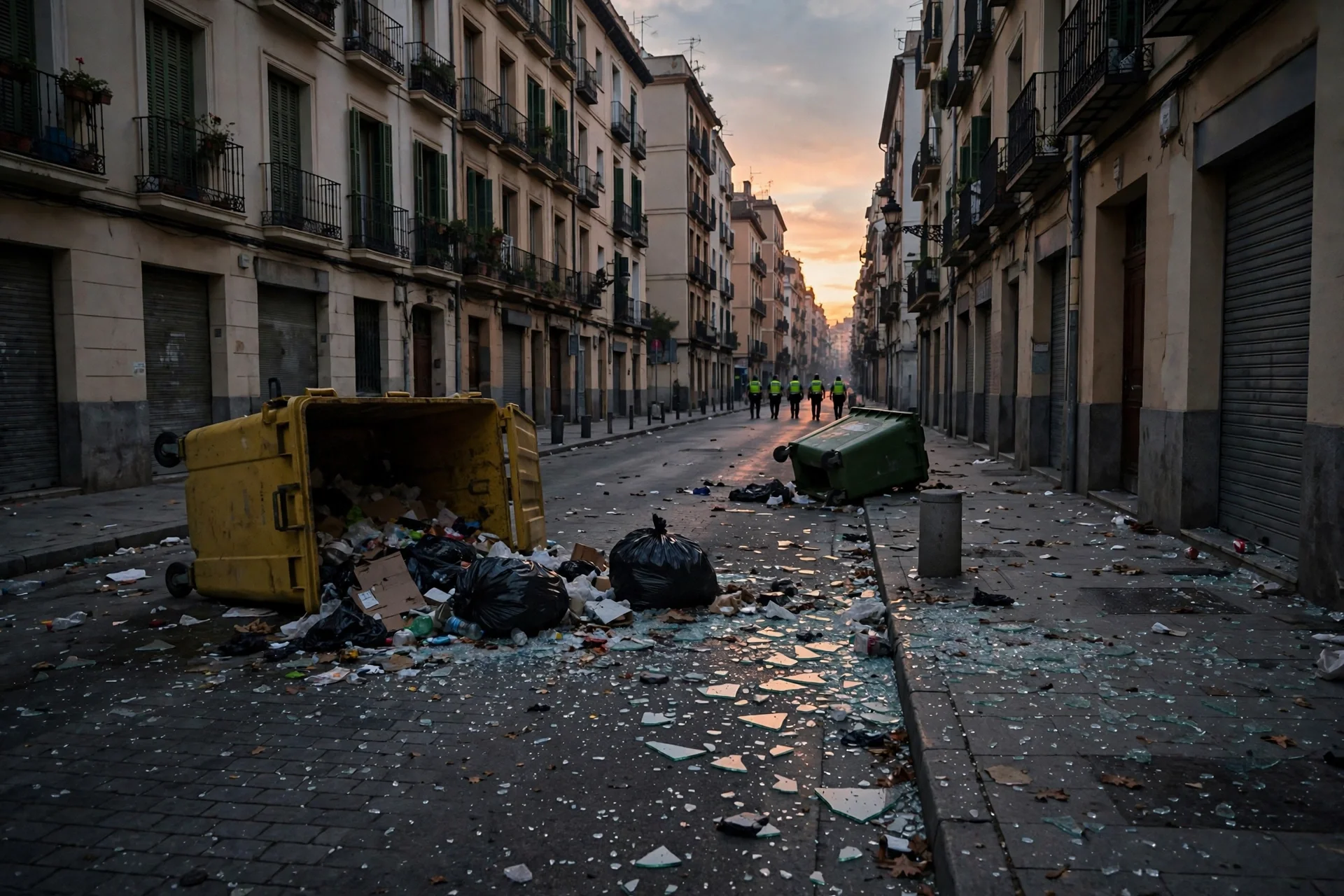 Calle española al atardecer con contenedores volcados y cristales rotos tras unos disturbios