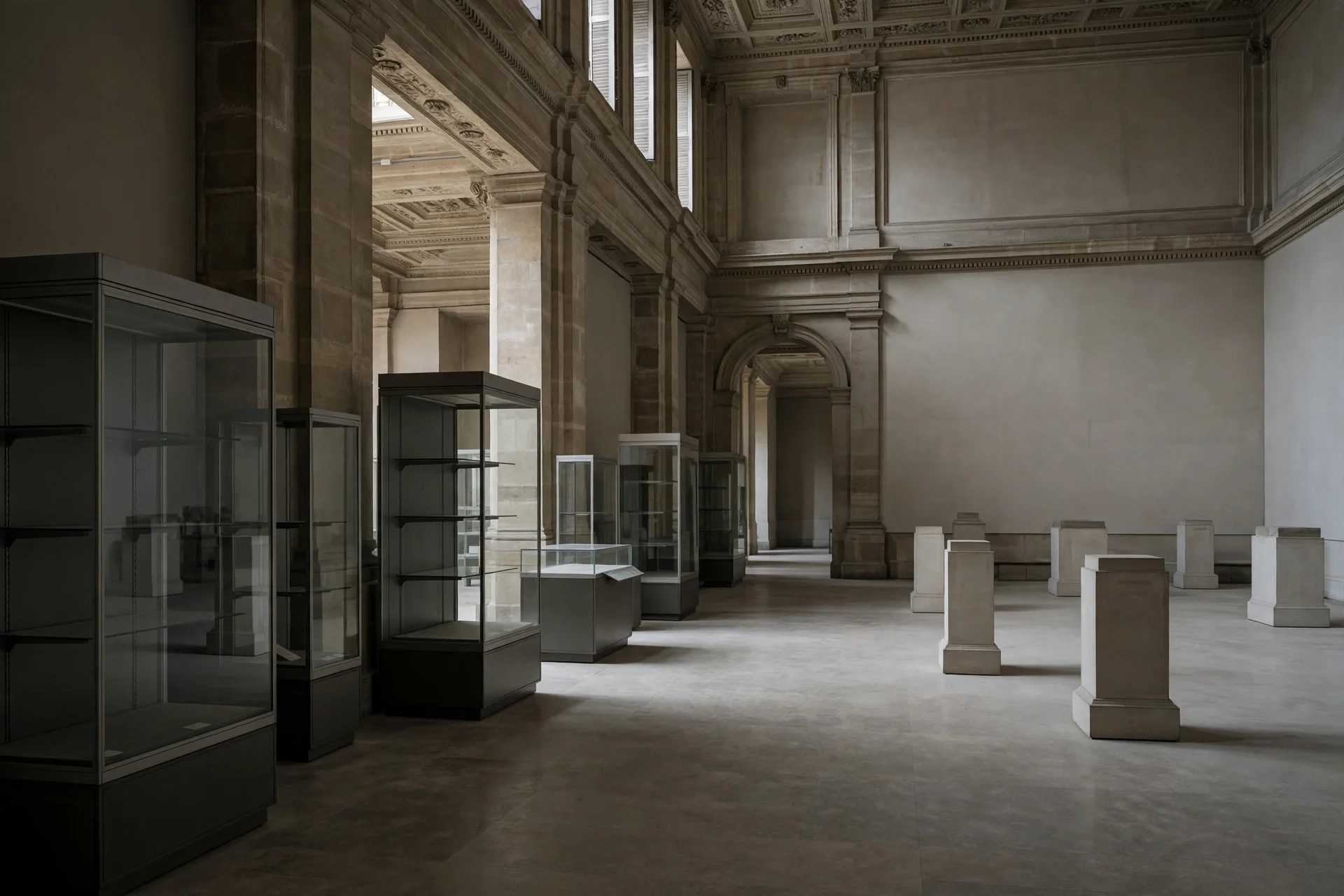 Interior de un museo con vitrinas vacías y pedestales sin piezas en una sala de exposición