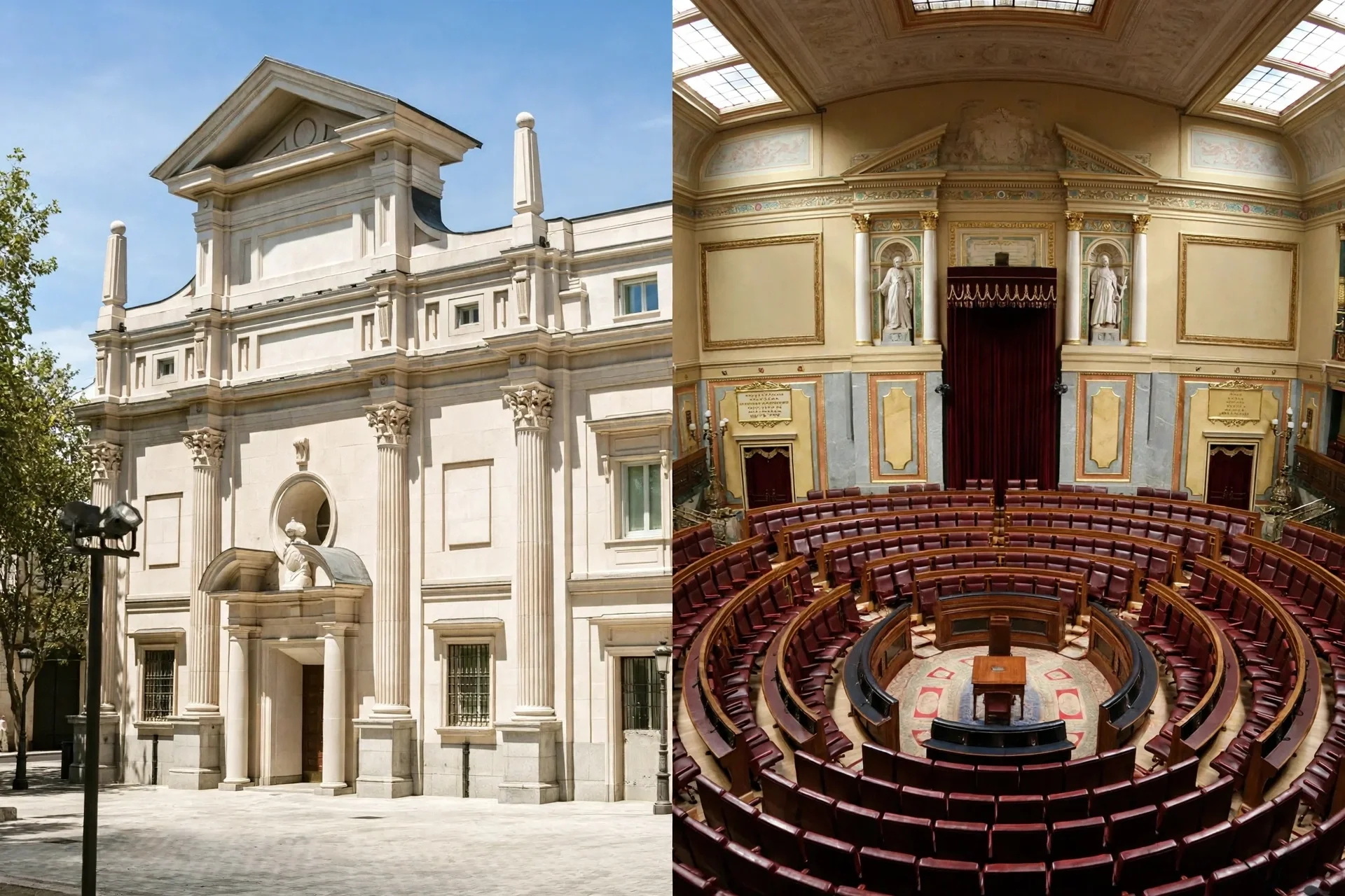 Fachada clásica de un palacio parlamentario y hemiciclo vacío con escaños en semicírculo