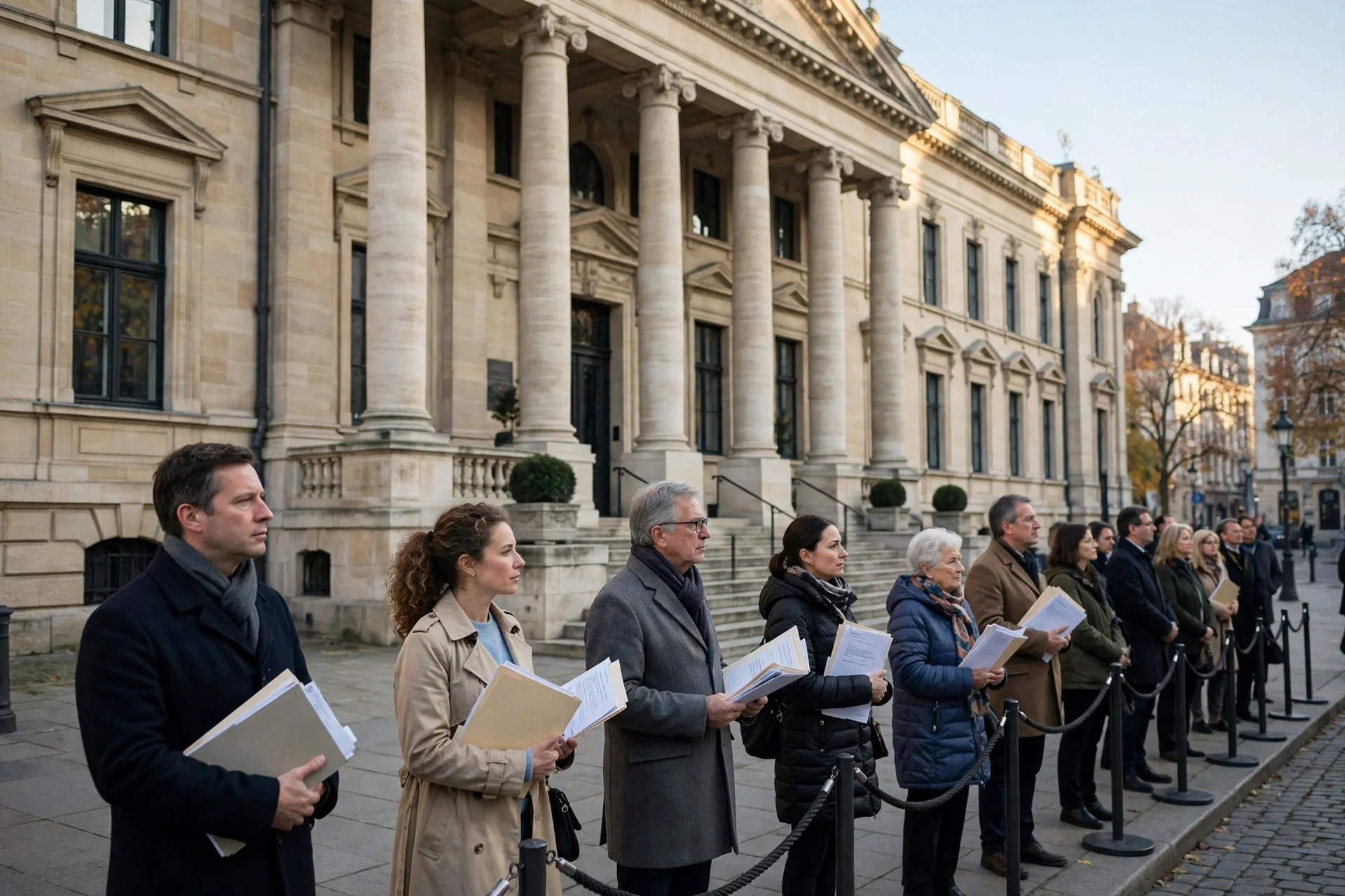 Personas con documentos en la mano hacen fila ante un edificio institucional de columnas a la espera de un trámite.