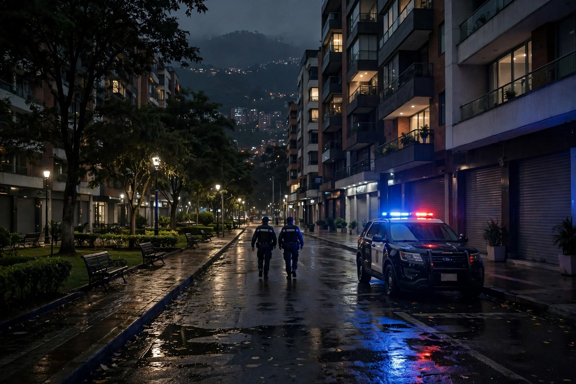 Calle nocturna junto a un parque de Medellín con una patrulla policial de luces encendidas, dos agentes caminando y comercios cerrados
