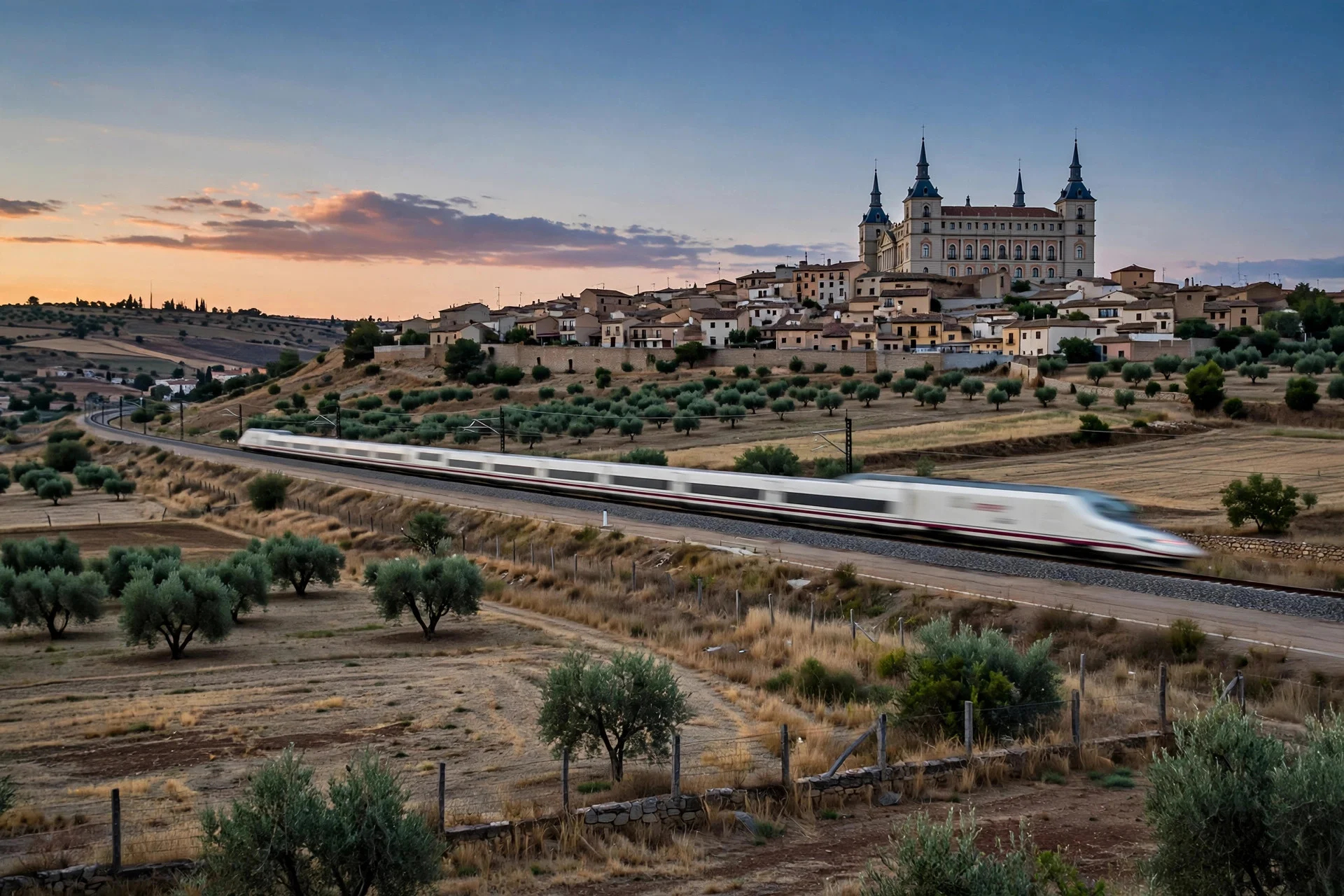 Tren de alta velocidad circulando al atardecer por una vía española junto a un pueblo de Toledo