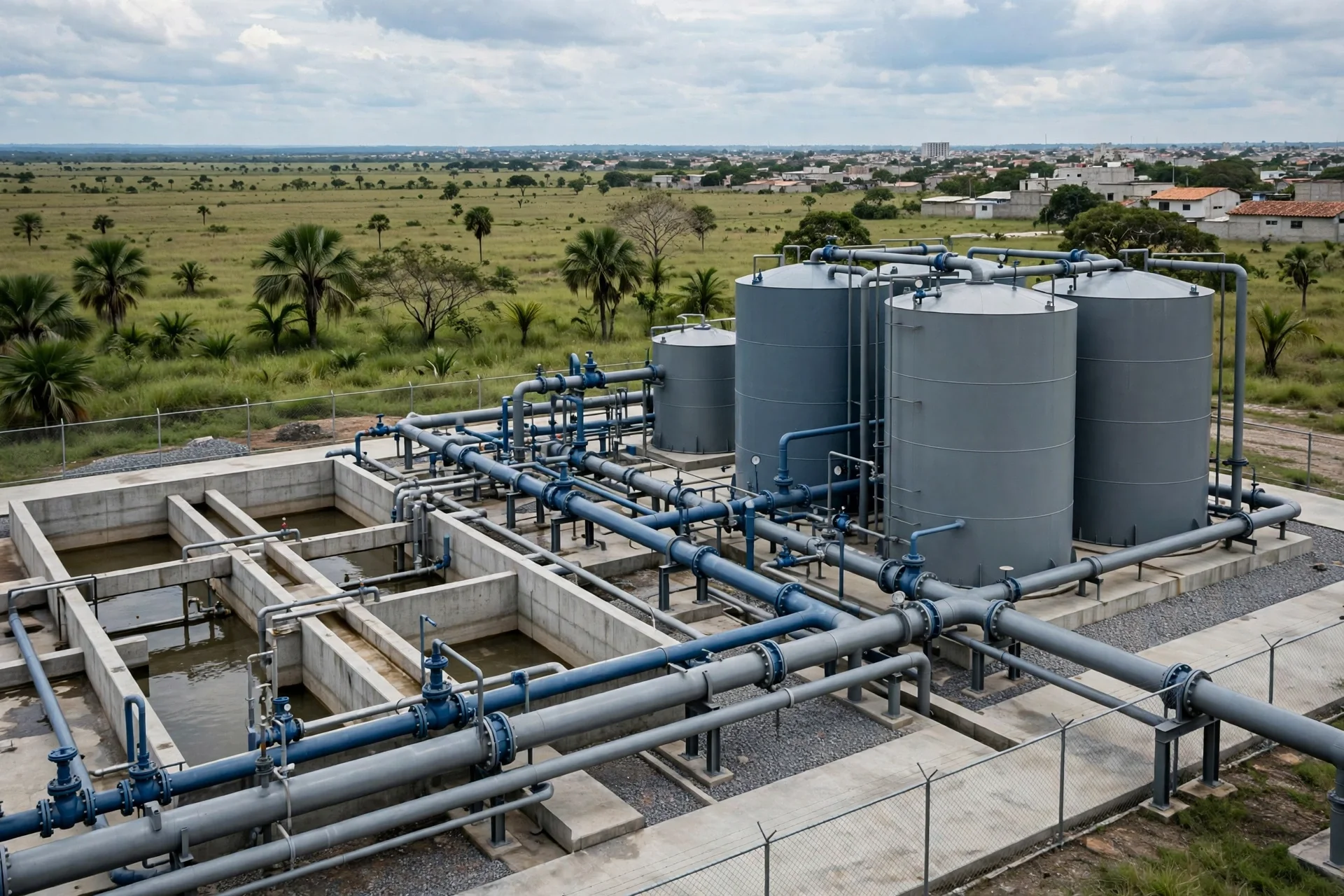 Planta de acueducto con tanques de almacenamiento y tuberías azules en una llanura, con una población al fondo bajo cielo nublado