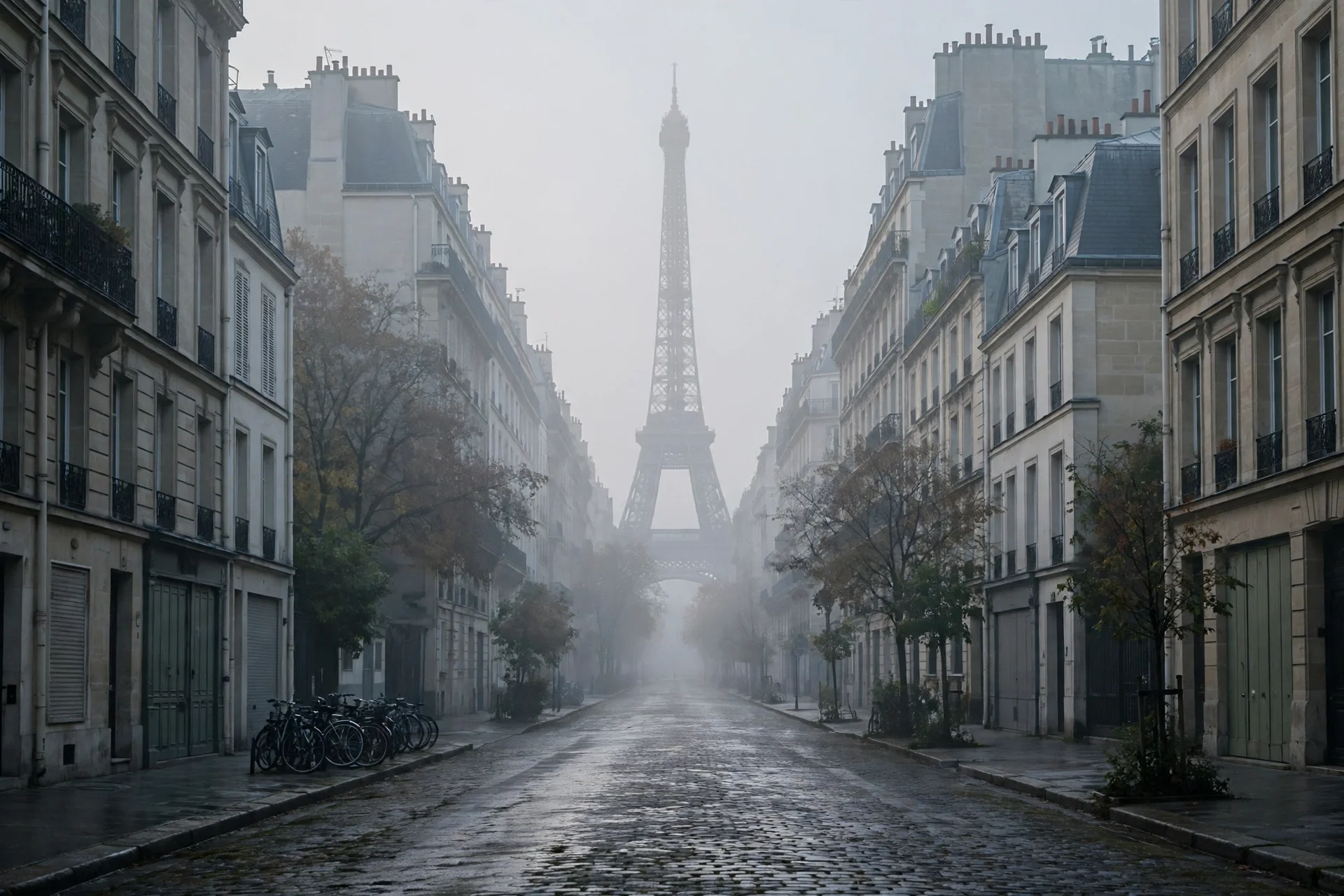 Calle parisina con niebla matinal y la torre Eiffel lejana al fondo, sin personas