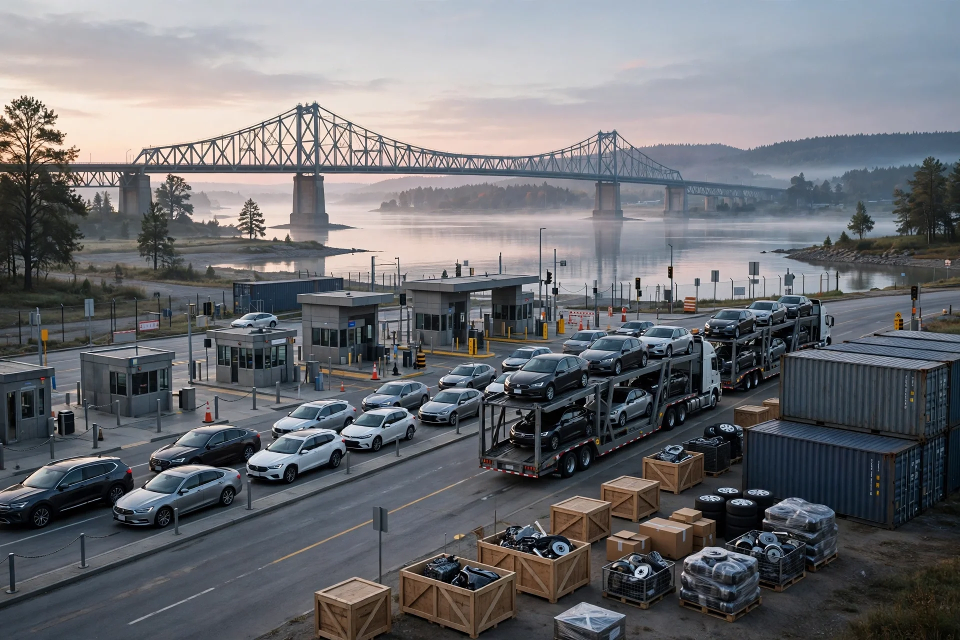 Cruce fronterizo entre Estados Unidos y Canadá al amanecer: camiones transportadores de vehículos nuevos, automóviles en casetas de inspección aduanera, cajas de autopartes y un gran puente sobre un río al fondo.