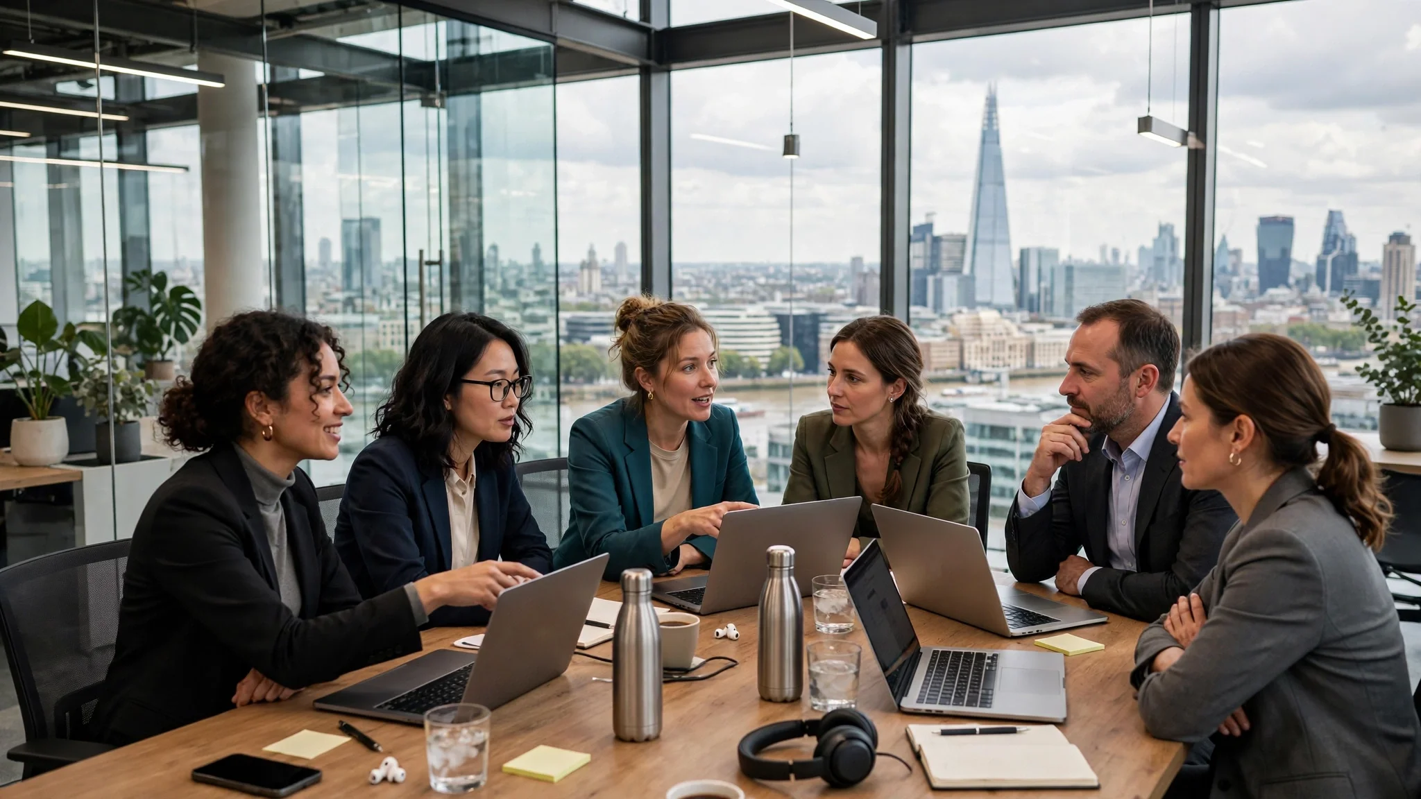 Profesionales de la tecnología, en su mayoría mujeres, reunidas en torno a una mesa con portátiles en una oficina acristalada con el perfil urbano de Londres al fondo