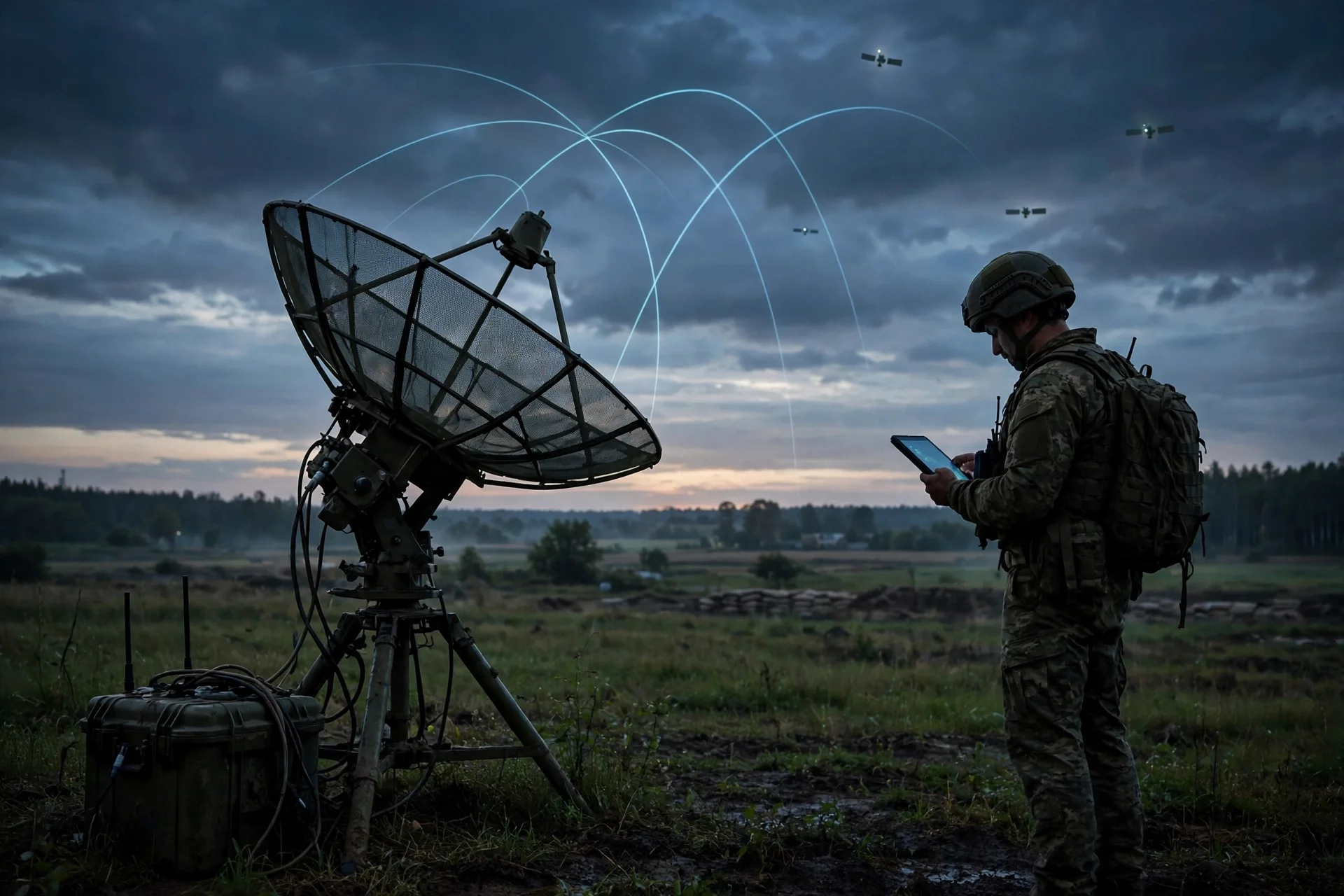 Terminal satelital militar en posición de campo al anochecer, con un soldado consultando una tableta y arcos de señal hacia satélites en el cielo