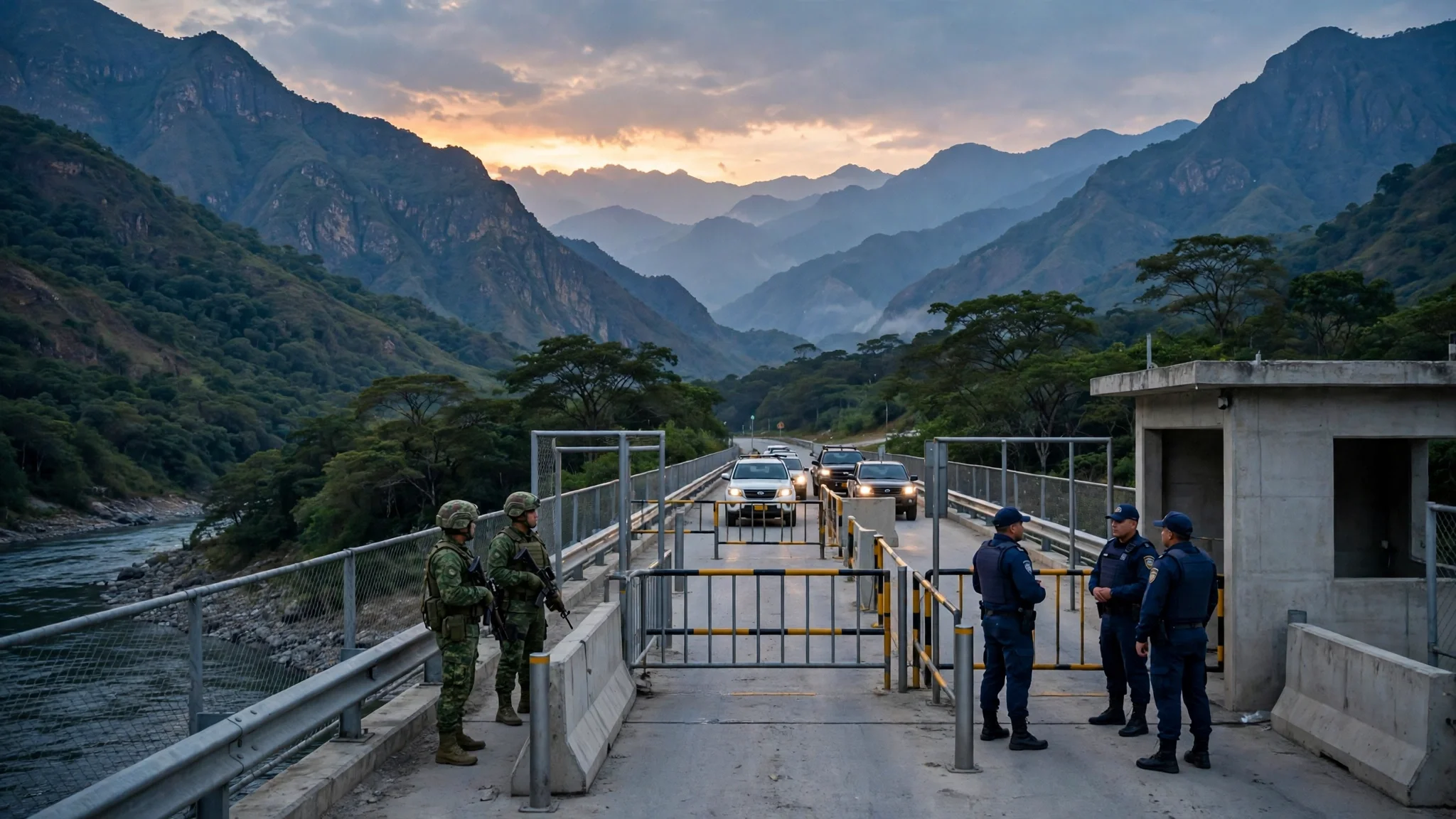 Un puente fronterizo entre Colombia y Venezuela al atardecer con control militar y policial y montañas al fondo