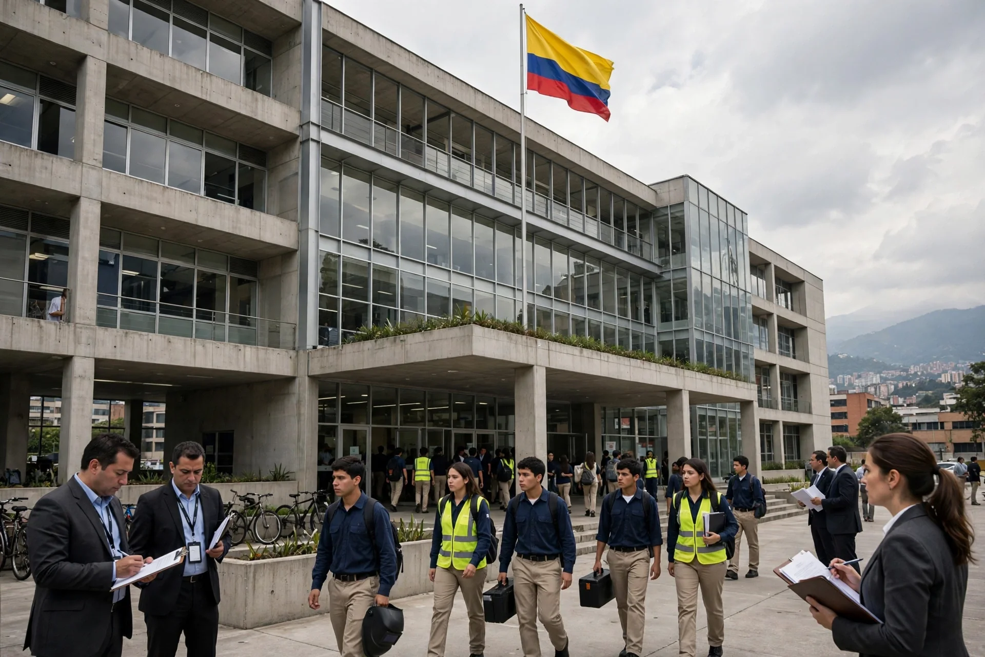 Edificio moderno de un instituto de formación profesional en Colombia con la bandera colombiana ondeando, aprendices uniformados y auditores con carpetas en la entrada